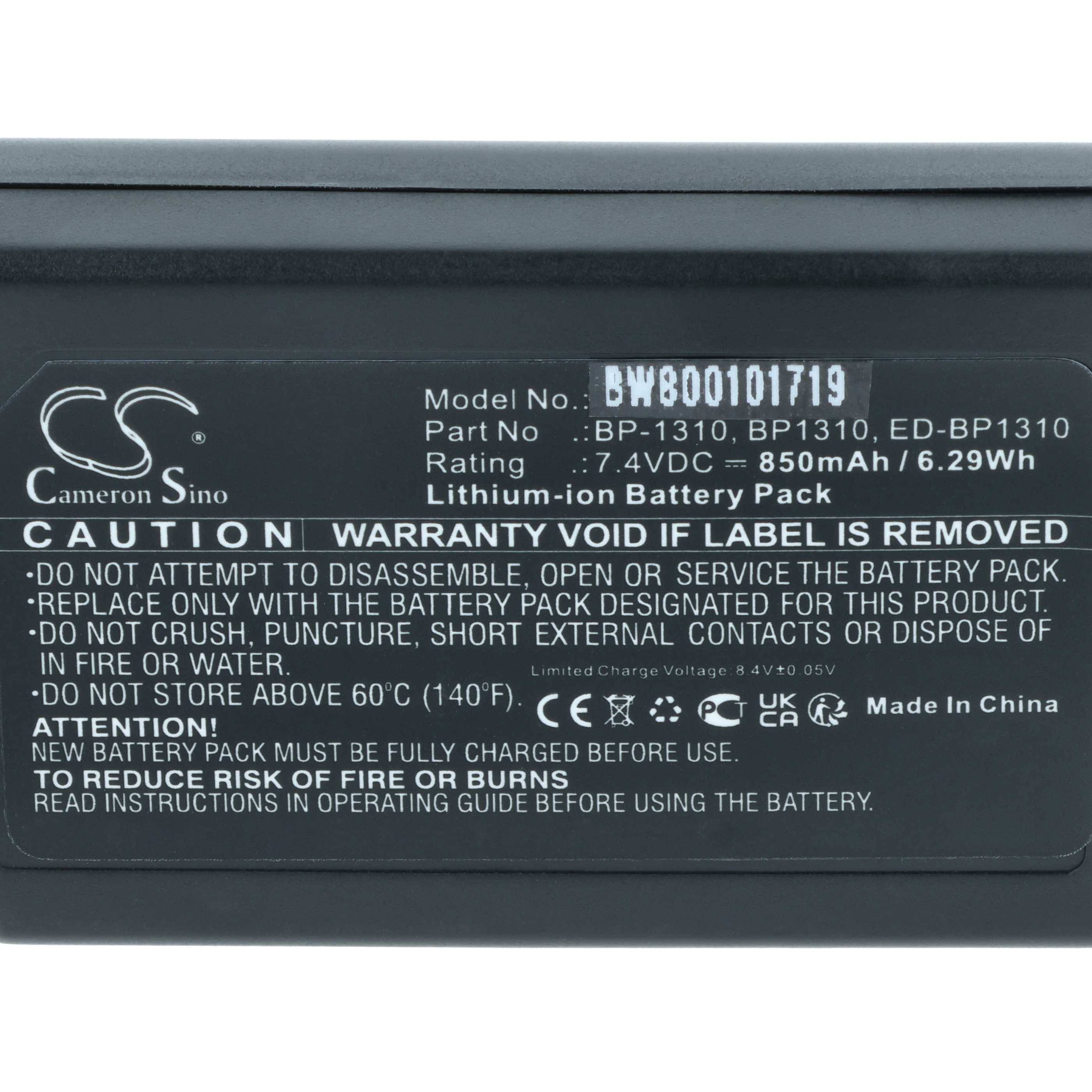 Das Bild zeigt eine Batteriebezeichnung für das Modell 'BW800101719' mit einer Bewertung von 7,4V und 850mAh. Es enthält Sicherheitswarnungen und ist in China hergestellt.