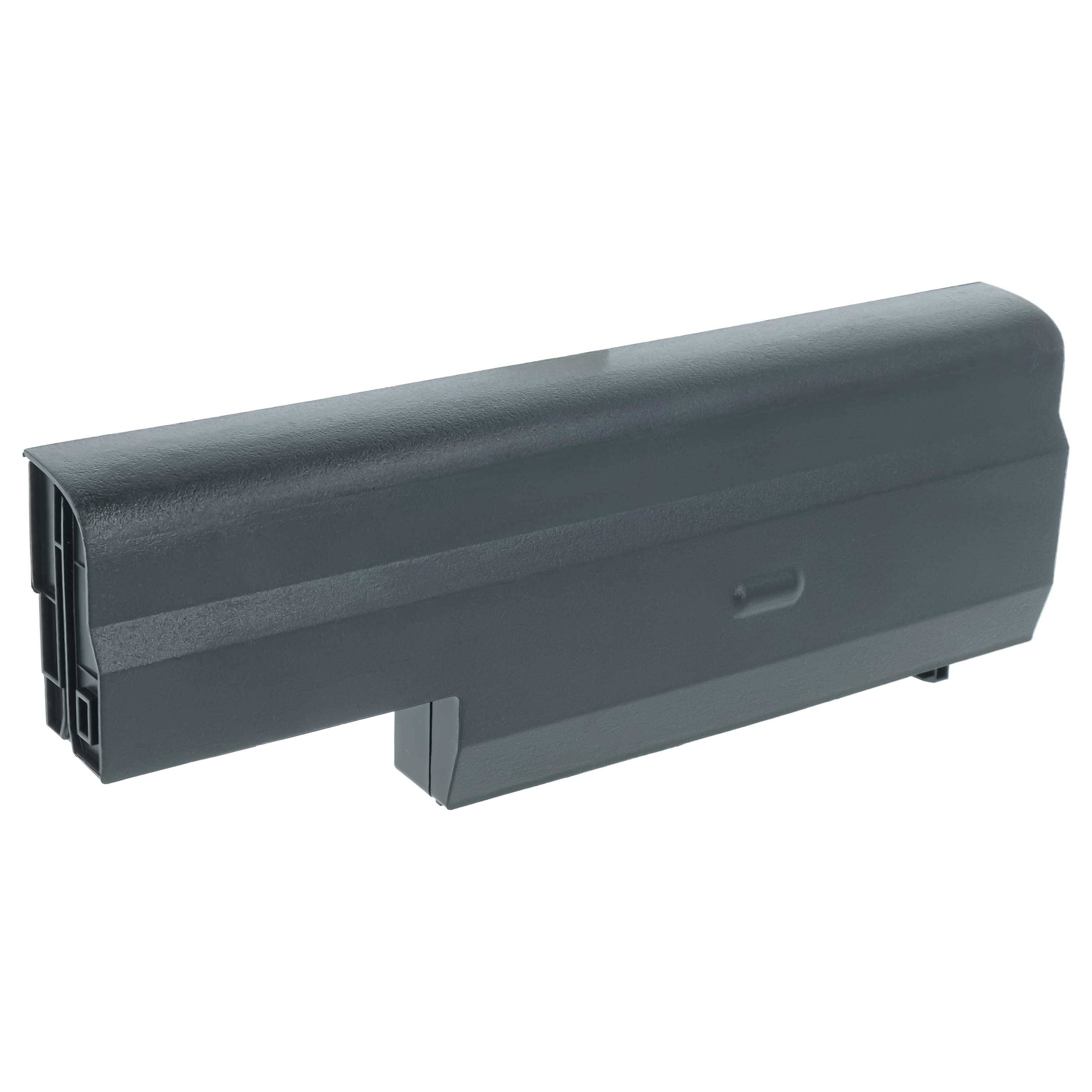 Schwarzes Laptop-Akku-Pack mit rechteckiger Form und Stecker an einem Ende, isoliert auf weißem Hintergrund dargestellt.