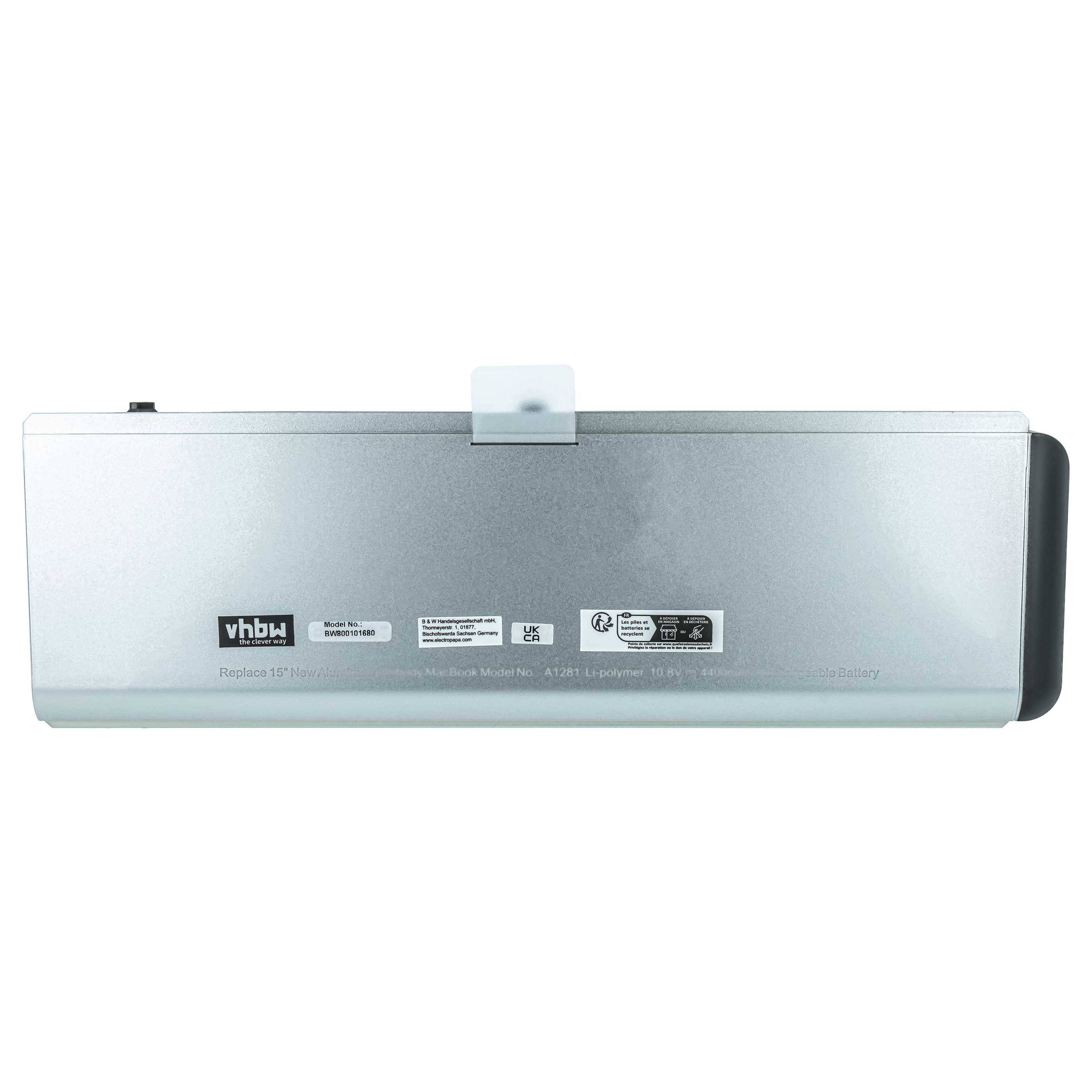 vhbw Akku kompatibel mit Apple Macbook Pro 15" New Version, 15" MB471X/A, 15" MB471LL/A Notebook (4400 mAh, 10,8 V, Li-Ion)