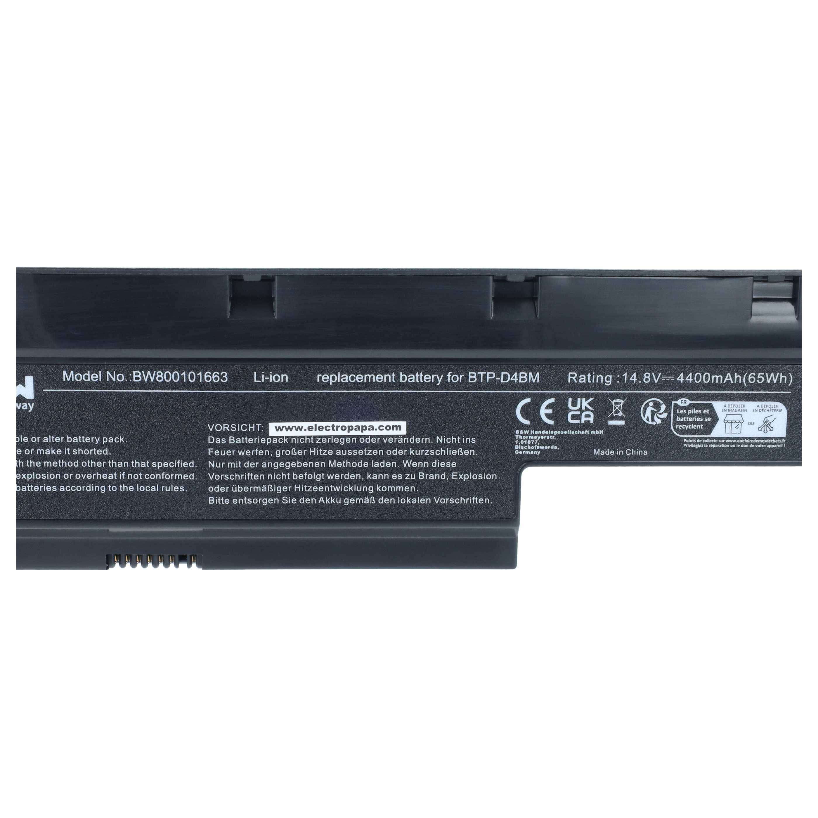 Schwarzer Laptop-Akku mit gedrucktem Etikett, das die Modellnummer BW800101663 zeigt, Li-Ion-Ersatz für BTP-D48M, 14,8V 4400mAh.