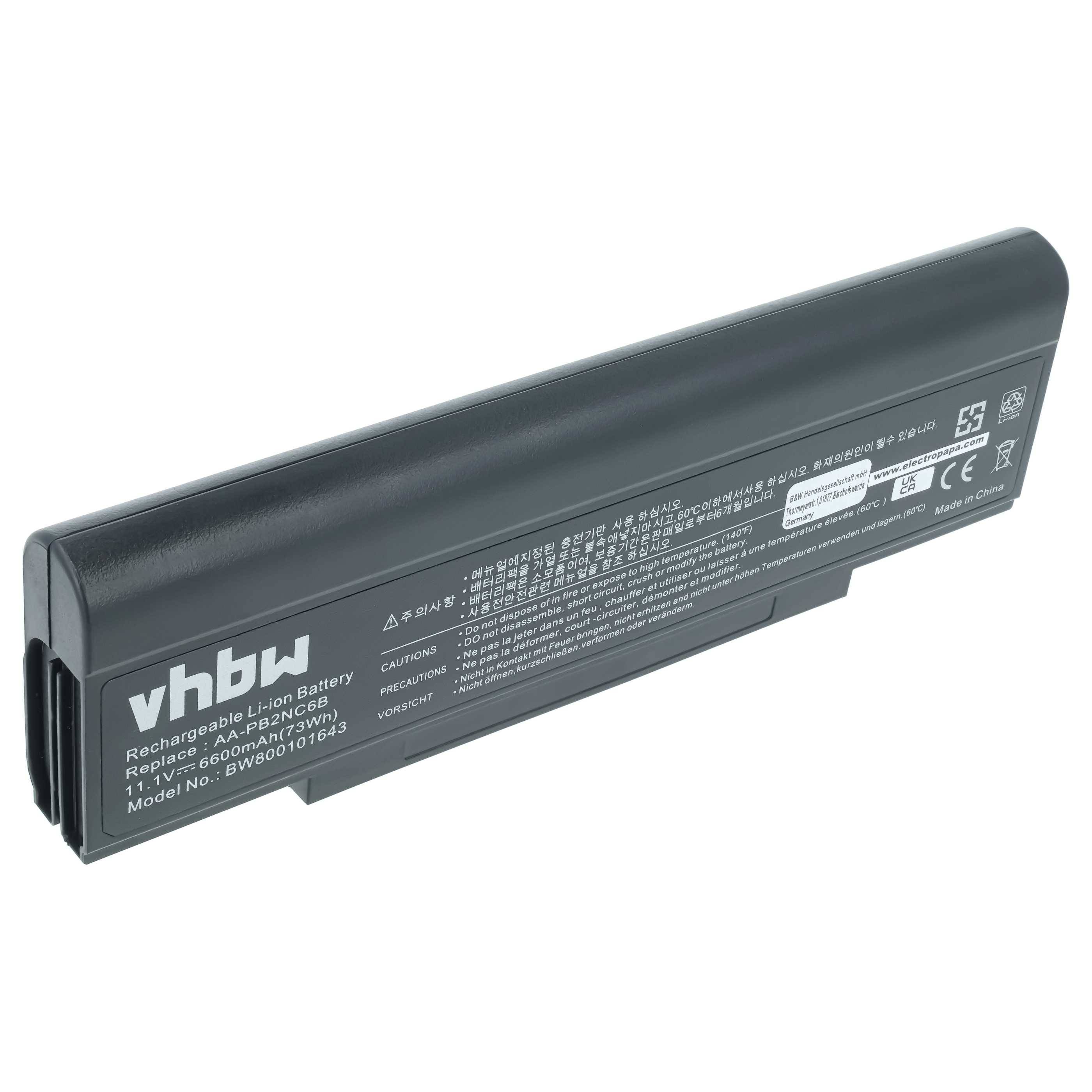 vhbw Akku kompatibel mit Samsung X60 Pro T7400 Boxxer, X60 Pro T7200 Benito, X60-T2300 Chane Notebook (6600 mAh, 11,1 V, Li-Ion)