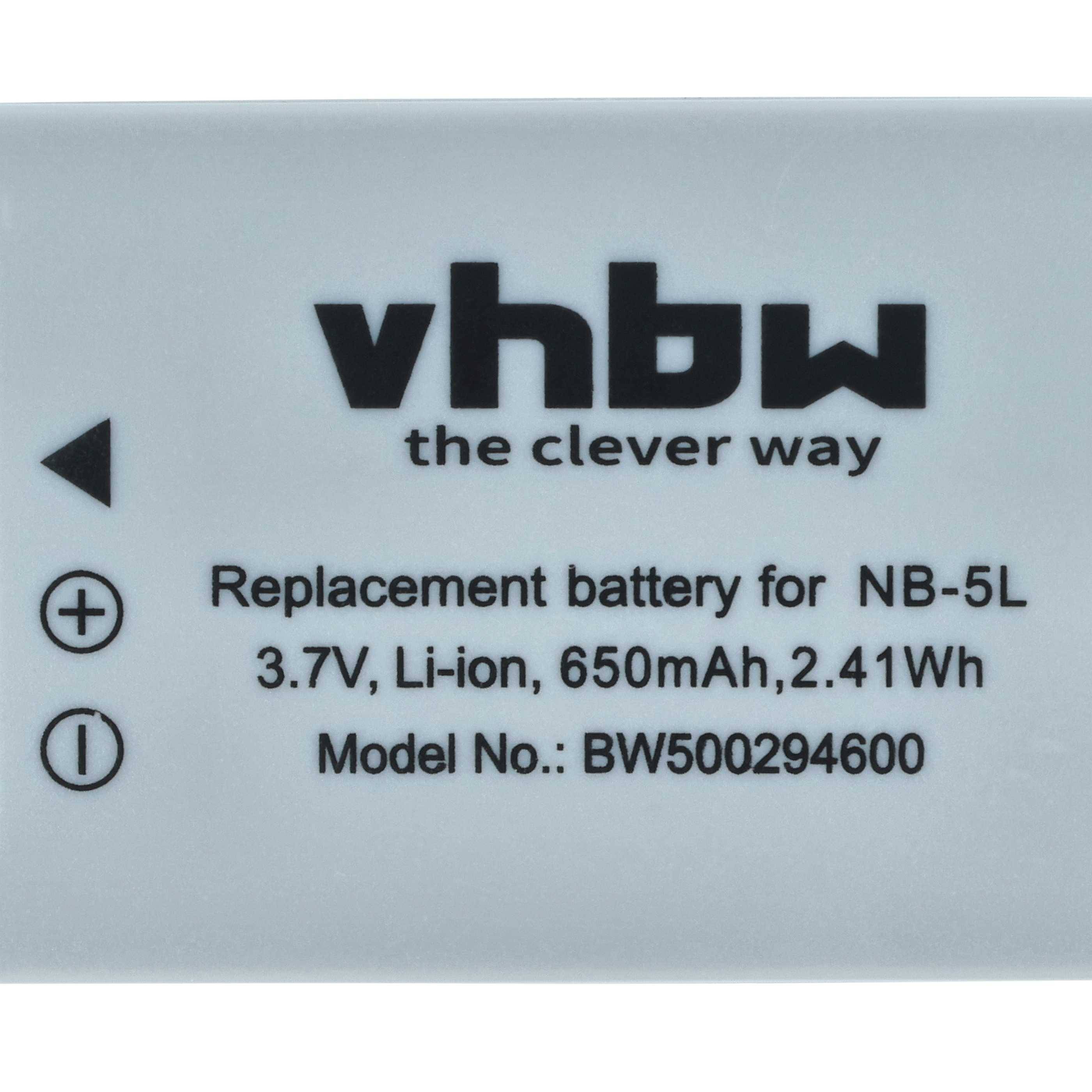 Akku mit der Bezeichnung 'vhbw' für NB-5L, 3,7V, Li-Ion, 650mAh, 2,41Wh. Modellnummer: BW500294600.