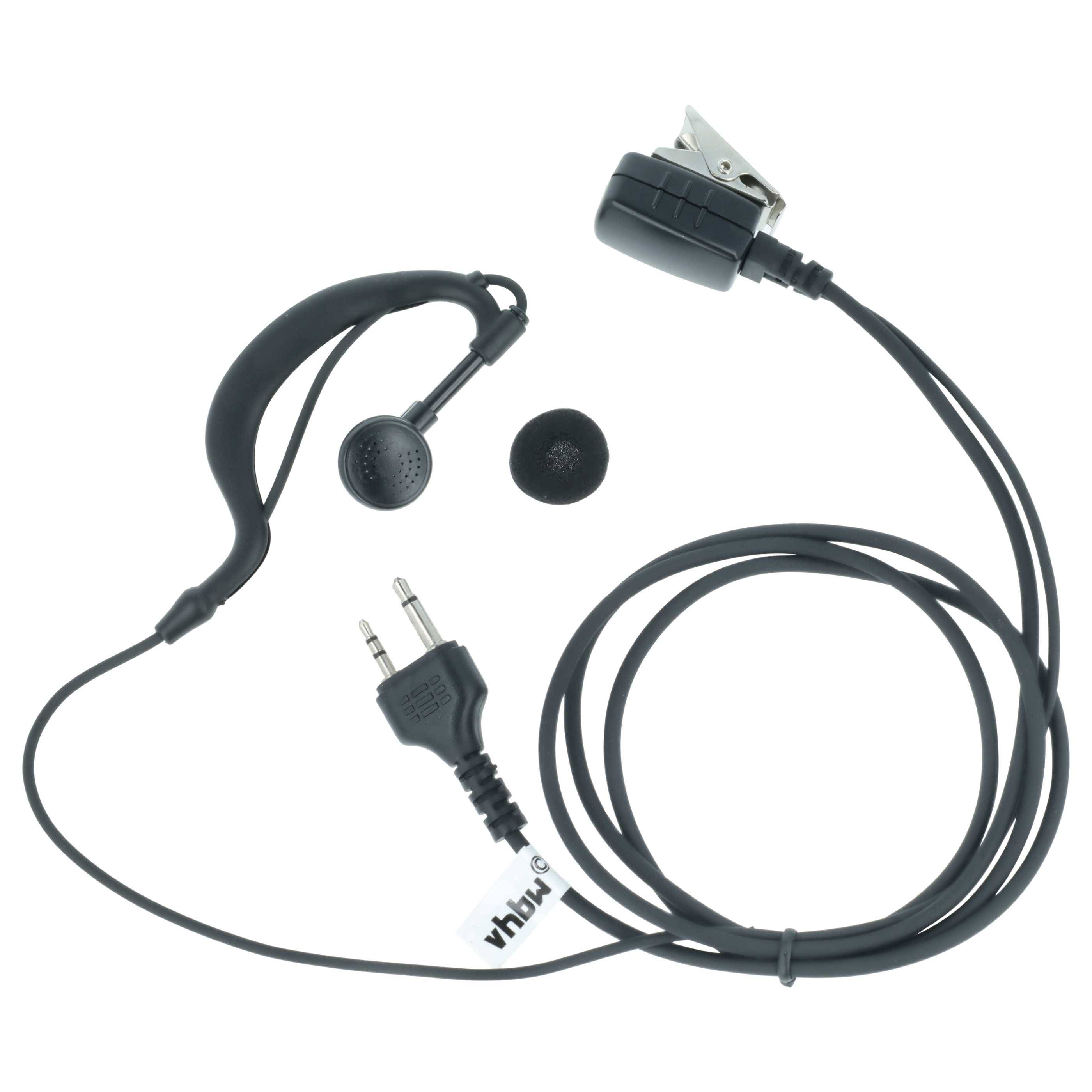 Kopfhörer mit Ohrhörern, gewickeltem Kabel, zweiadrigem Stecker und Clip zur Befestigung.