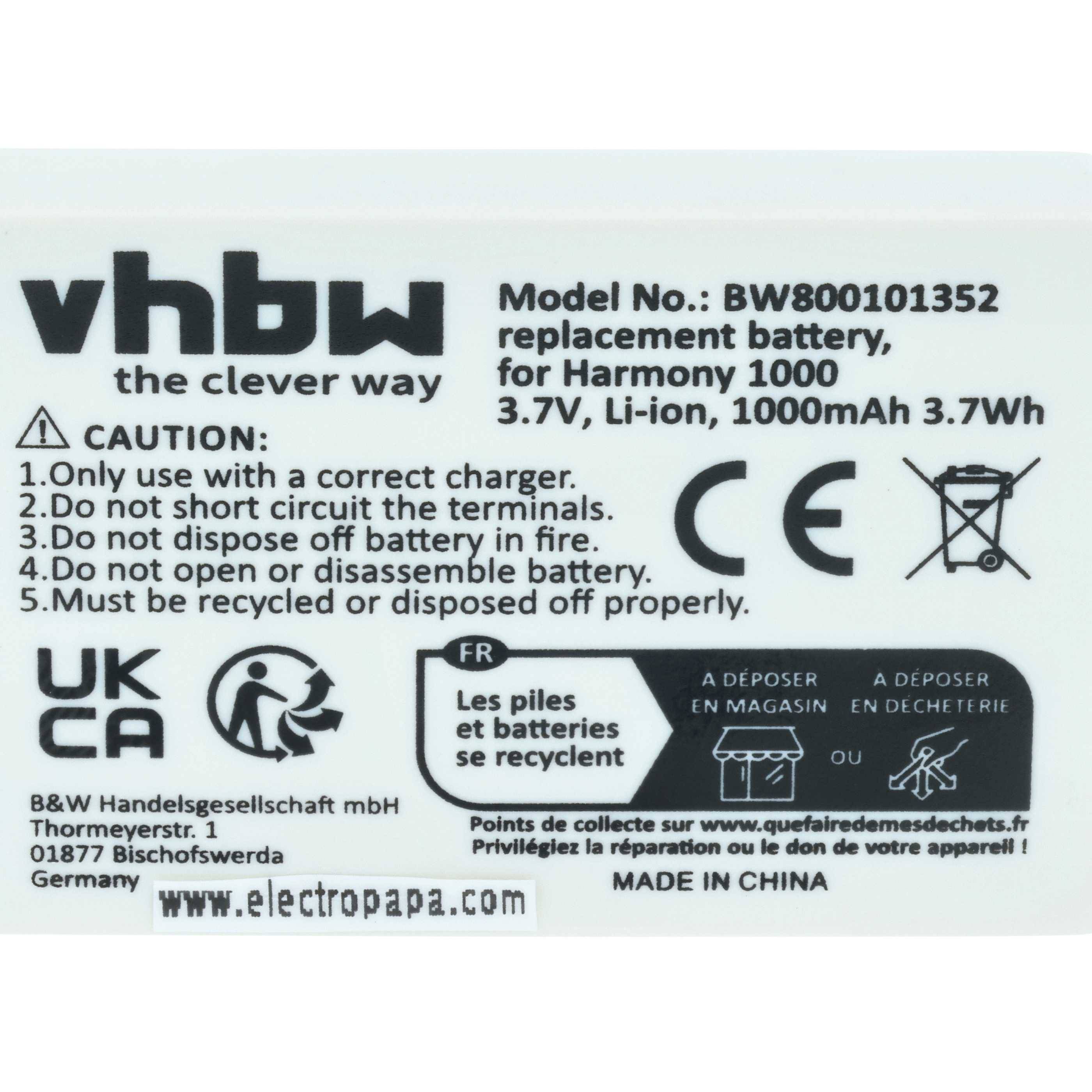 vhbw' Ersatzakku für Harmony 1000, 3,7V, 1000mAh, 3,7Wh. Enthält Gebrauchswarnhinweise und Entsorgungsanweisungen. Hergestellt in China.