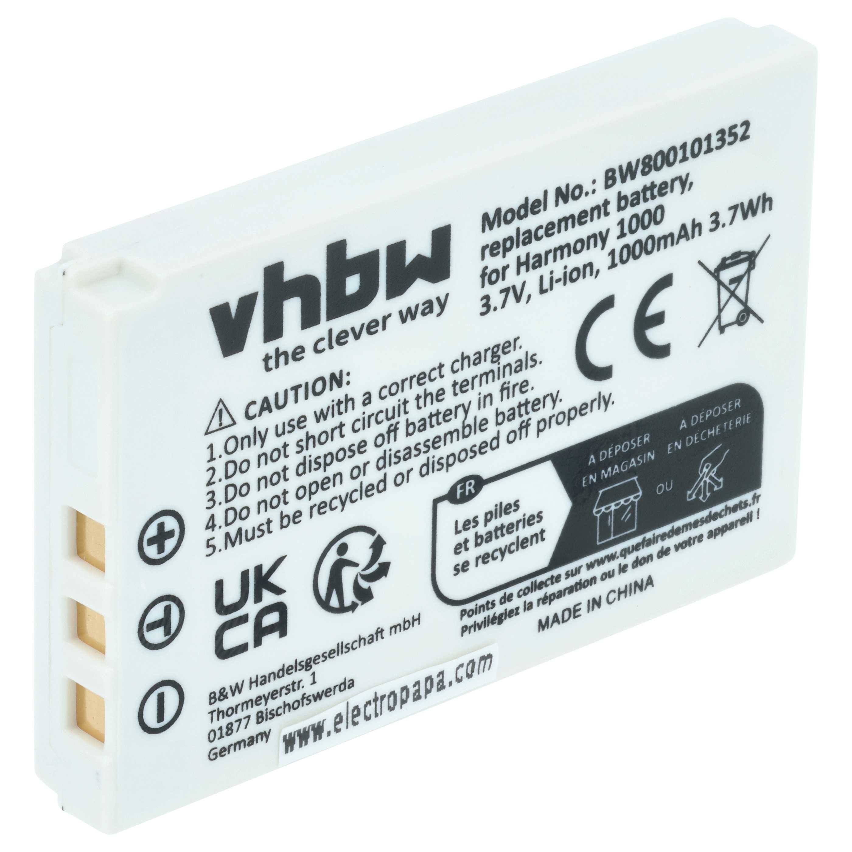 vhbw' Akku für Harmony 1000, 3,7V, 1000mAh. Vorsicht: Nur passende Ladegeräte verwenden. Hergestellt in China. Enthält Hinweise zur Wiederverwertung und Entsorgung.