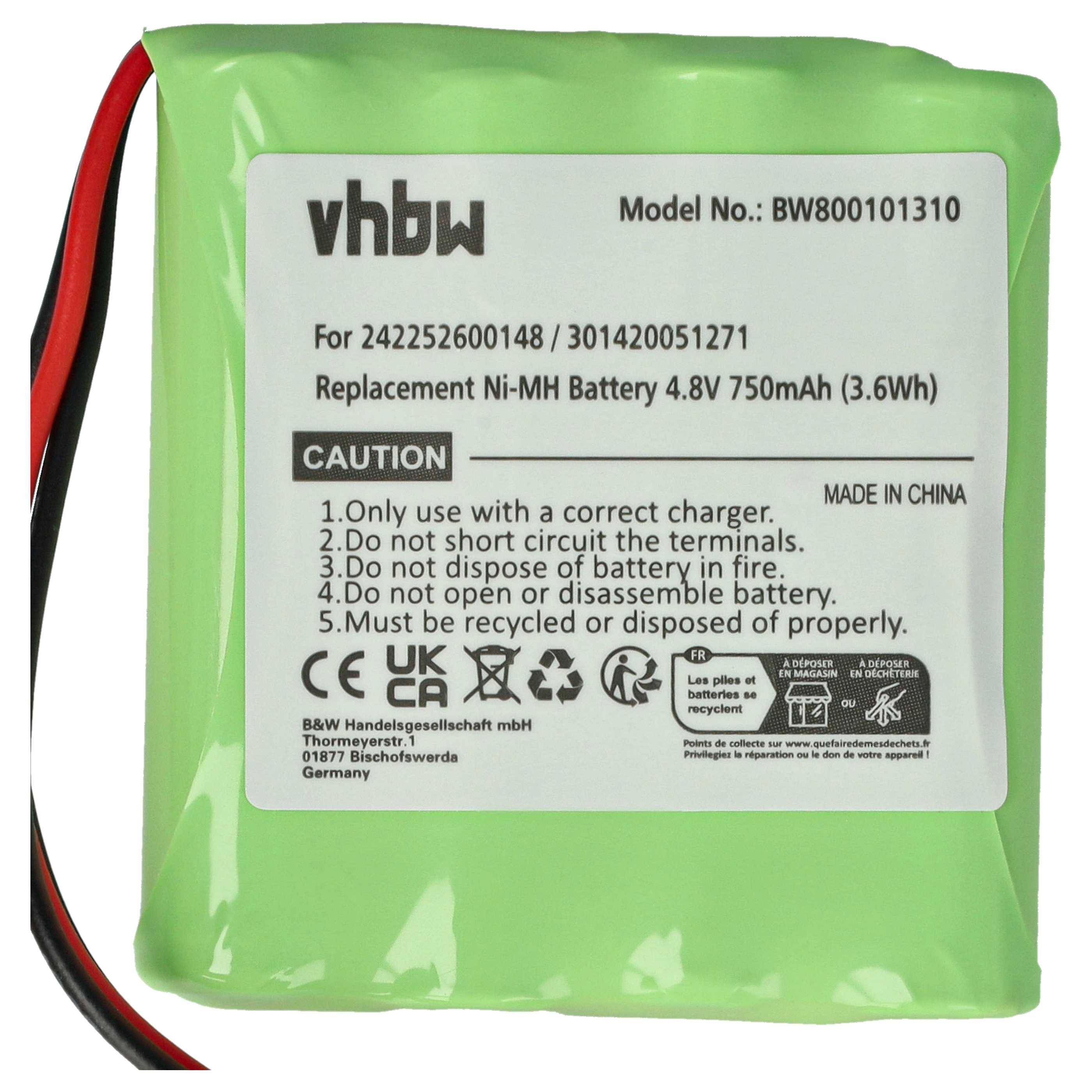 Ein grüner Akkupack mit Text: 'vhbw Modell-Nr.: BW800101310, Ni-MH 4,8V 750mAh, Vorsicht—nur mit passendem Ladegerät verwenden, nicht kurzschließen oder zerlegen.