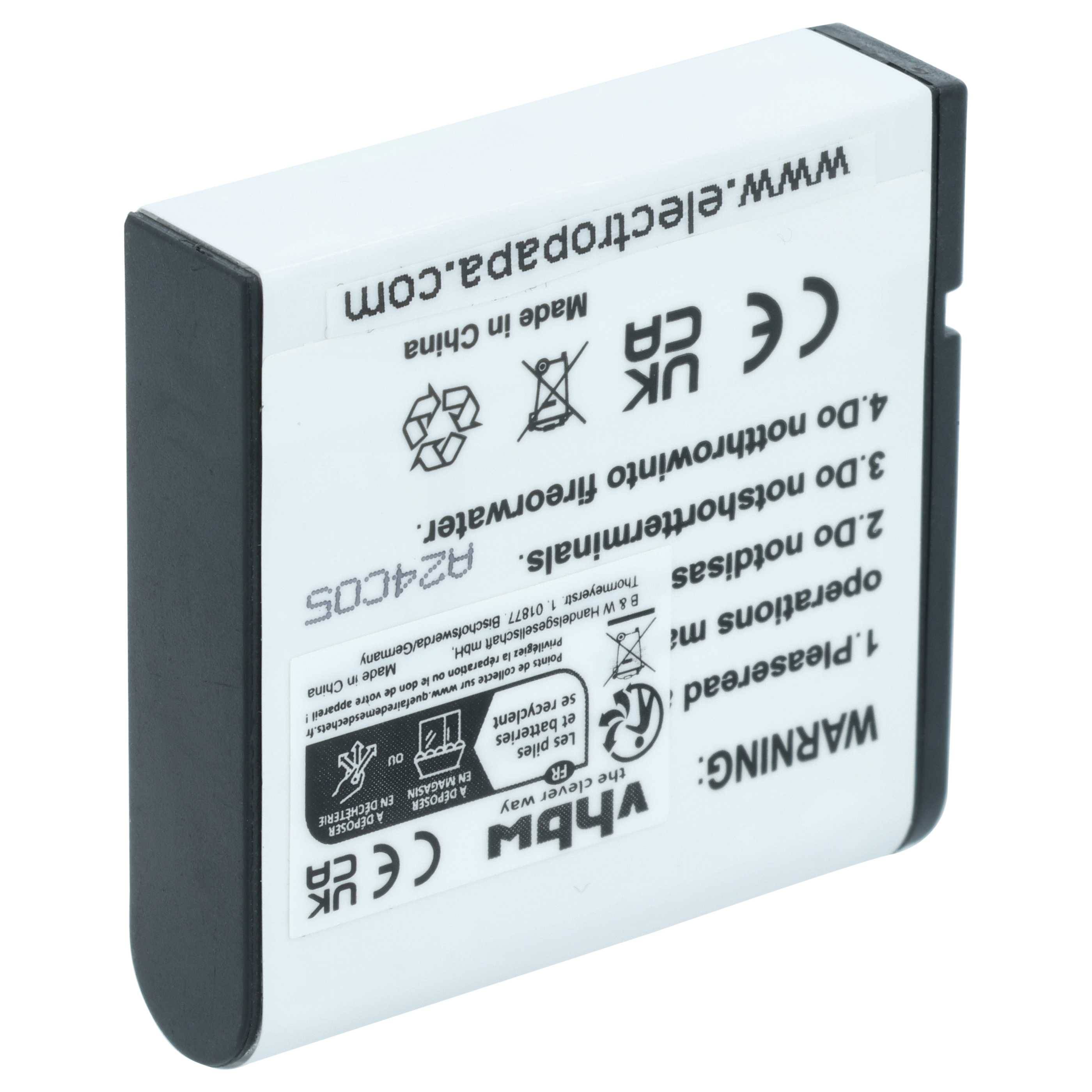 Wiederaufladbare Batterie mit weißem Gehäuse, schwarzen Kanten und verschiedenen Zertifizierungssymbolen. Text enthält 'www.electropapa.com'.