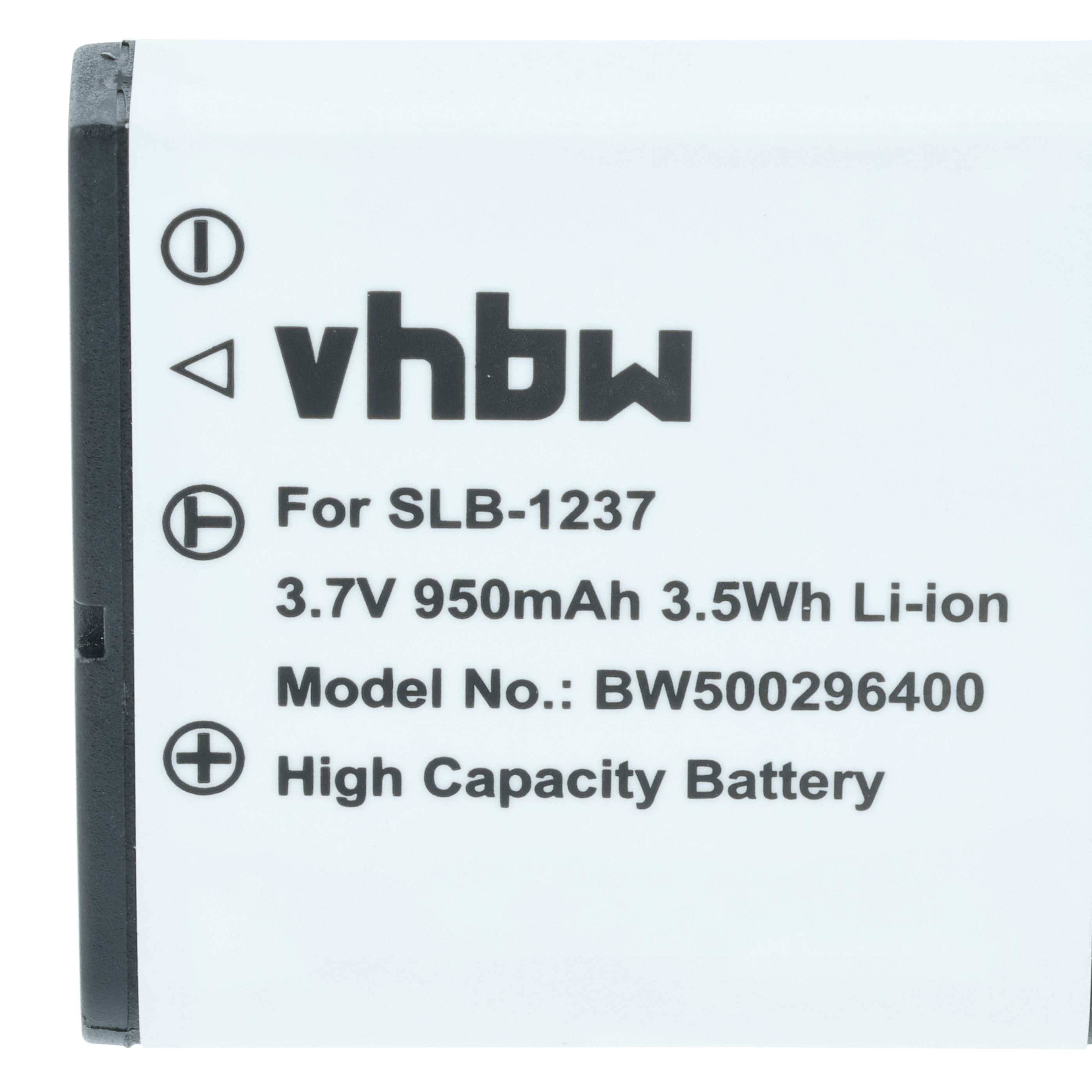 Eine weiße Batterie mit der Bezeichnung ‚vhbw' für SLB-1237, 3,7V 950mAh 3,5Wh Lithium-Ionen, Modellnummer BW500296400, beschrieben als hochkapazitativ.