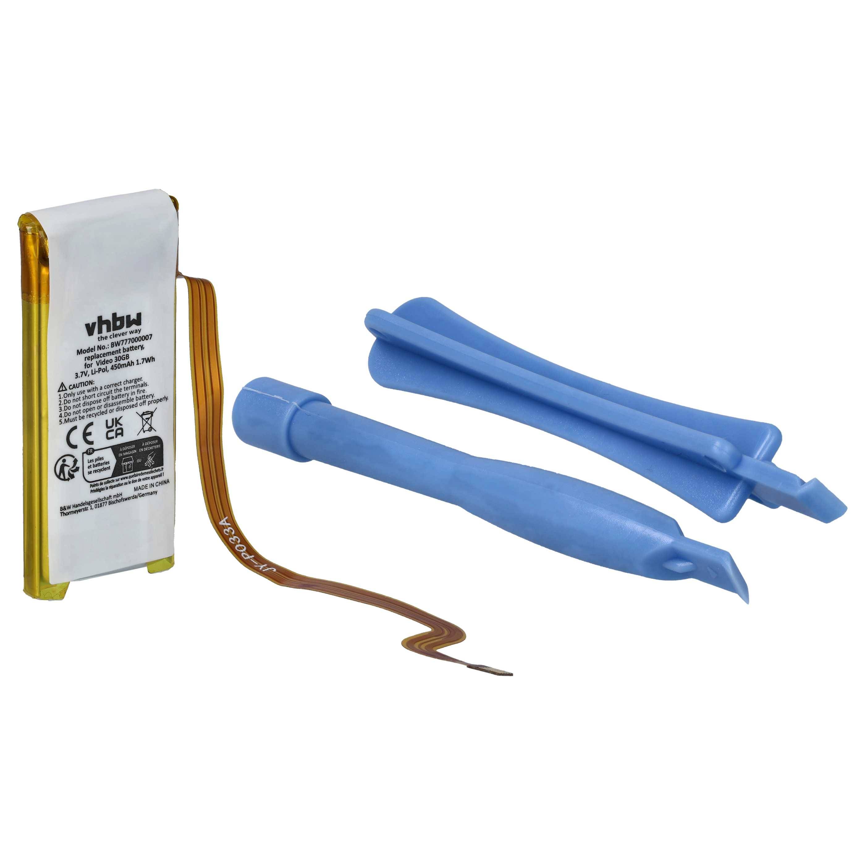 vhbw Akku kompatibel mit Apple IPod Video 5. Generation A1136 30GB MP3-Player Musik Player (450 mAh, 3,7 V, Li-Polymer)