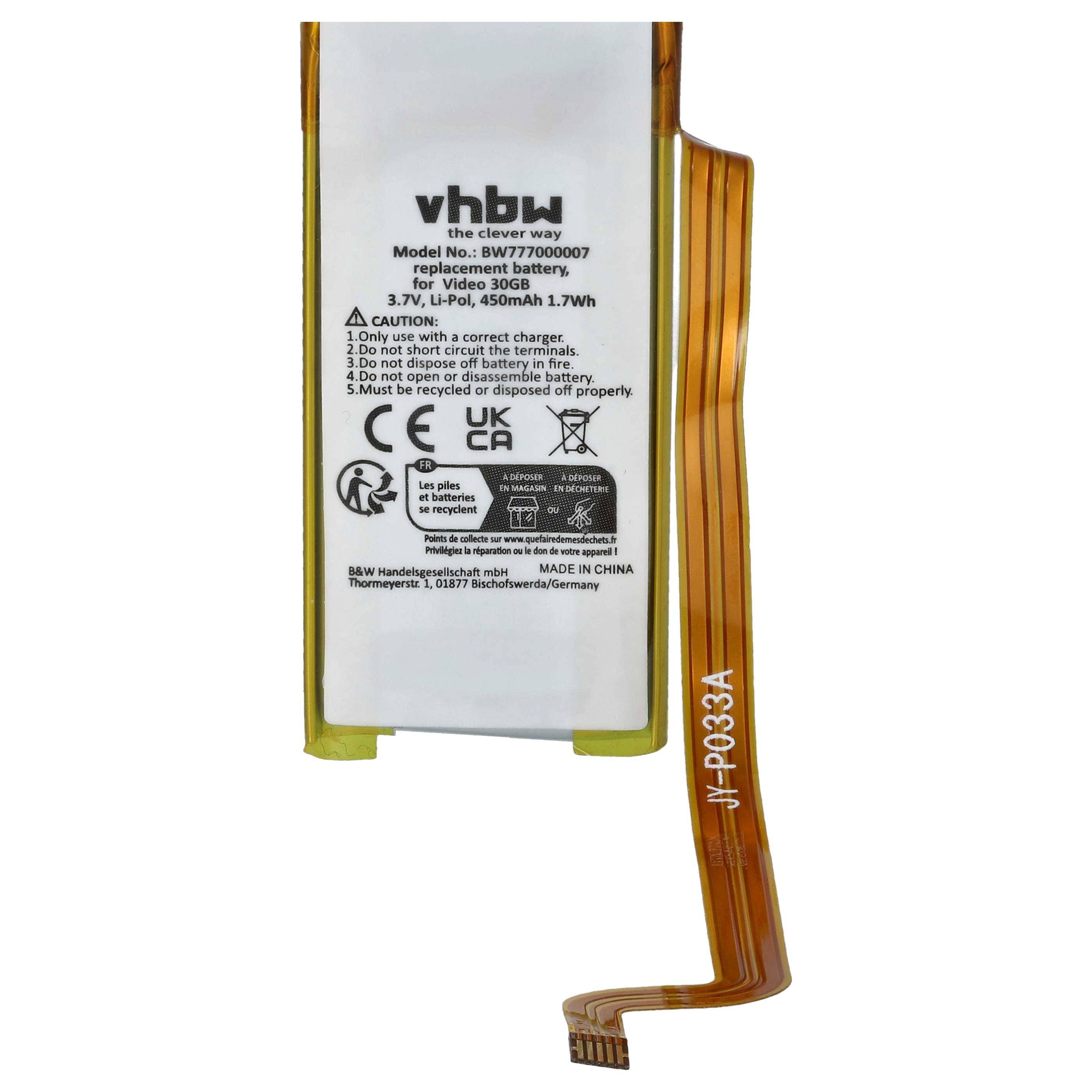 vhbw Akku kompatibel mit Apple iPod G5 30GB A1036, G5 30GB A1136, G5 30GB MA002* MP3-Player Musik Player (450 mAh, 3,7 V, Li-Polymer)