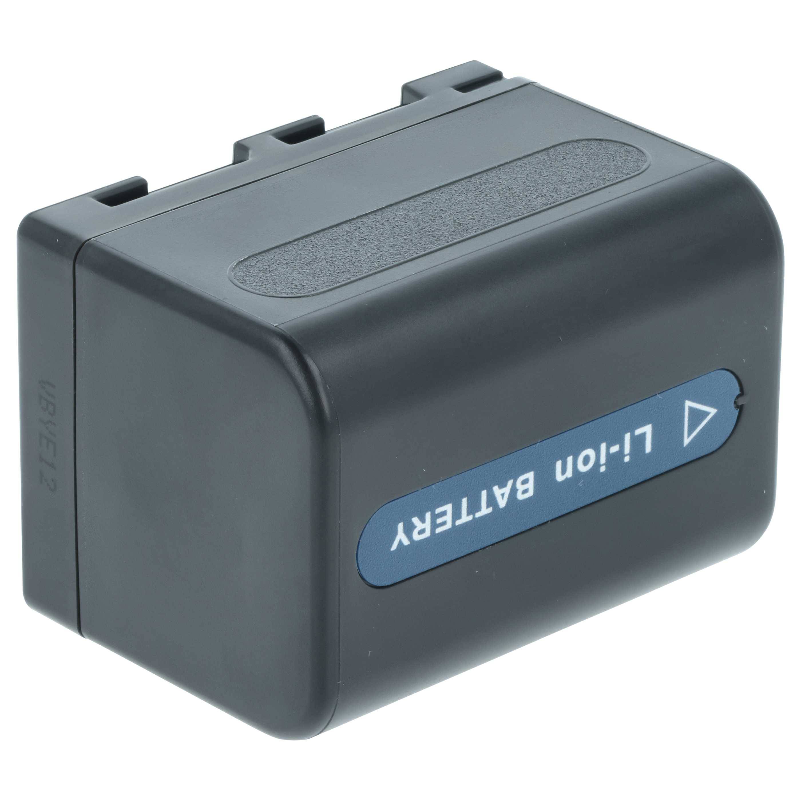 Eine rechteckige schwarze Lithium-Ionen-Batterie mit einem blauen Etikett an der Seite.