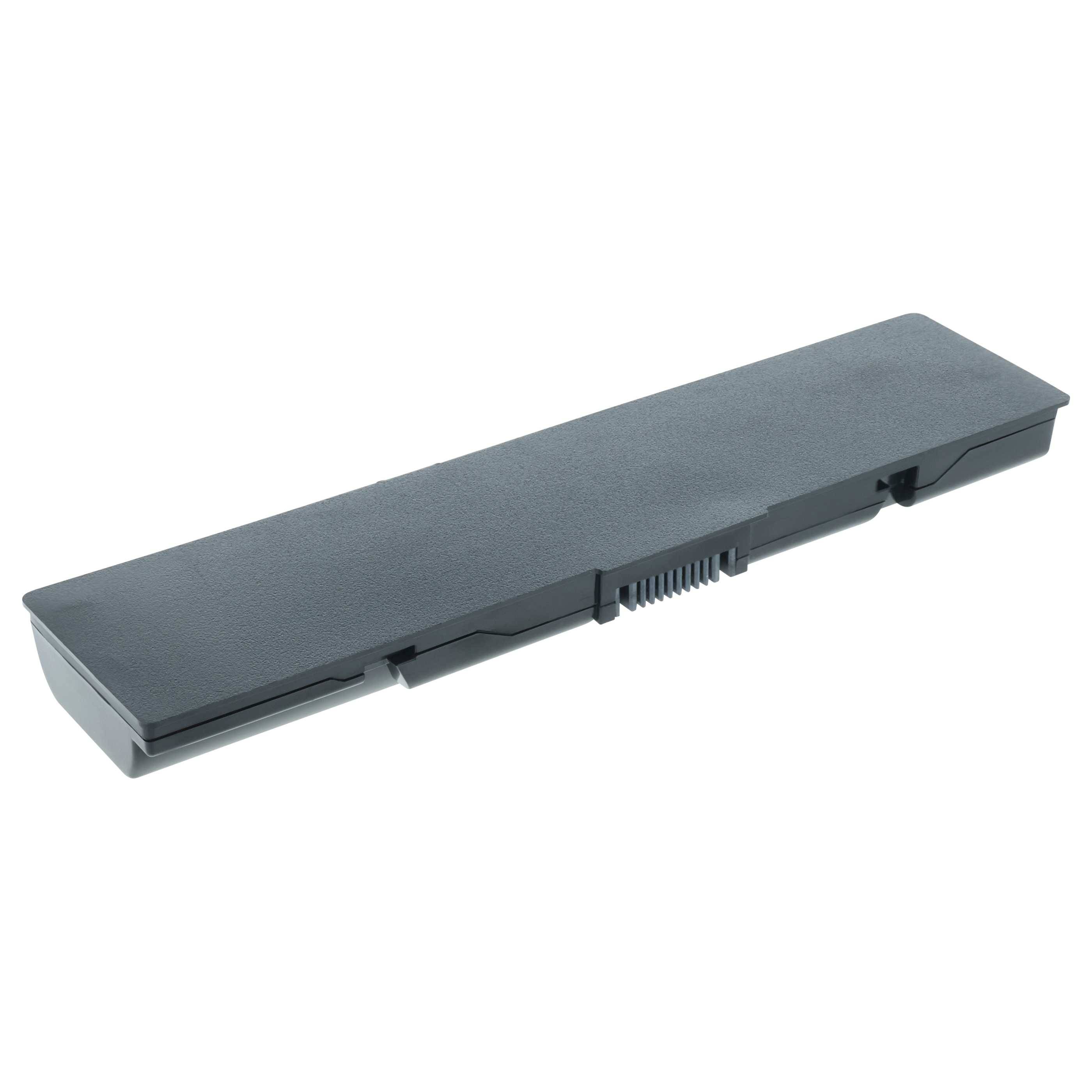 Eine rechteckige Laptop-Batterie mit einer strukturierten Oberfläche, versehen mit Belüftungsöffnungen und Anschlussslots.