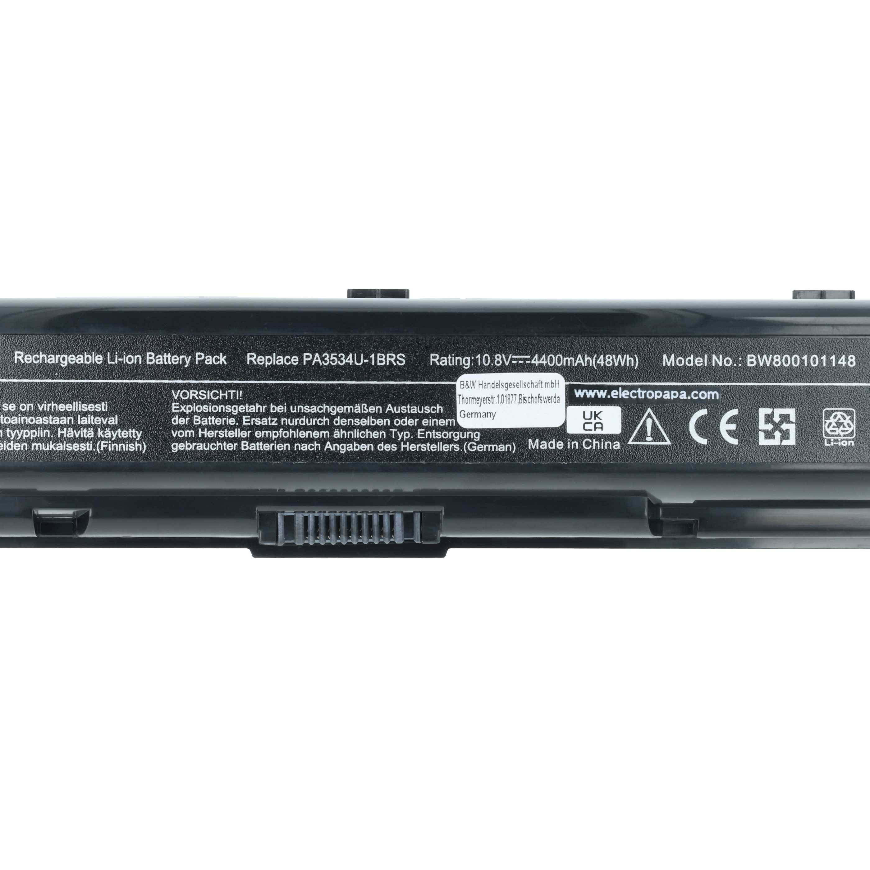 Aufladbares Lithium-Ionen-Akkupack mit 10,8V, 4400mAh Kapazität. Modell: PA3534U-1BRS. Enthält Sicherheits- und Nutzungshinweise.