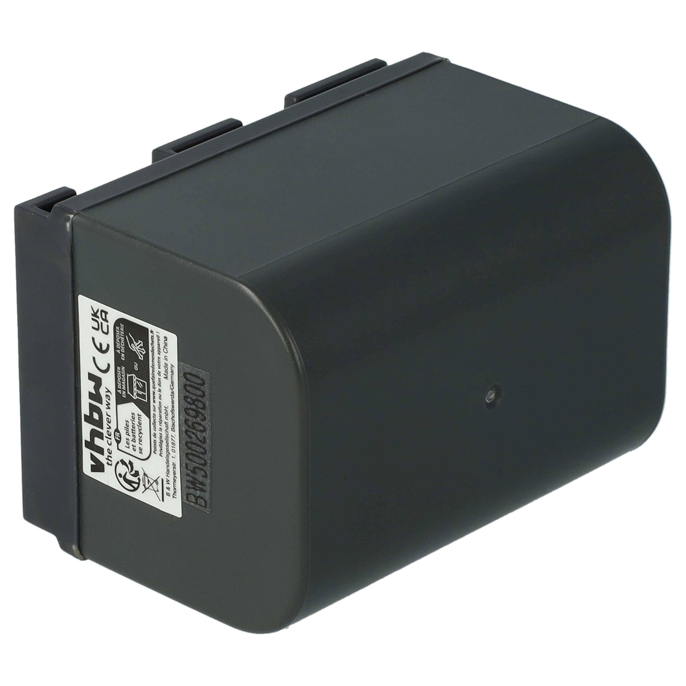 Schwarzes rechteckiges wiederaufladbares Batteriepaket mit einer Beschriftung an einem Ende, isoliert auf weißem Hintergrund dargestellt.