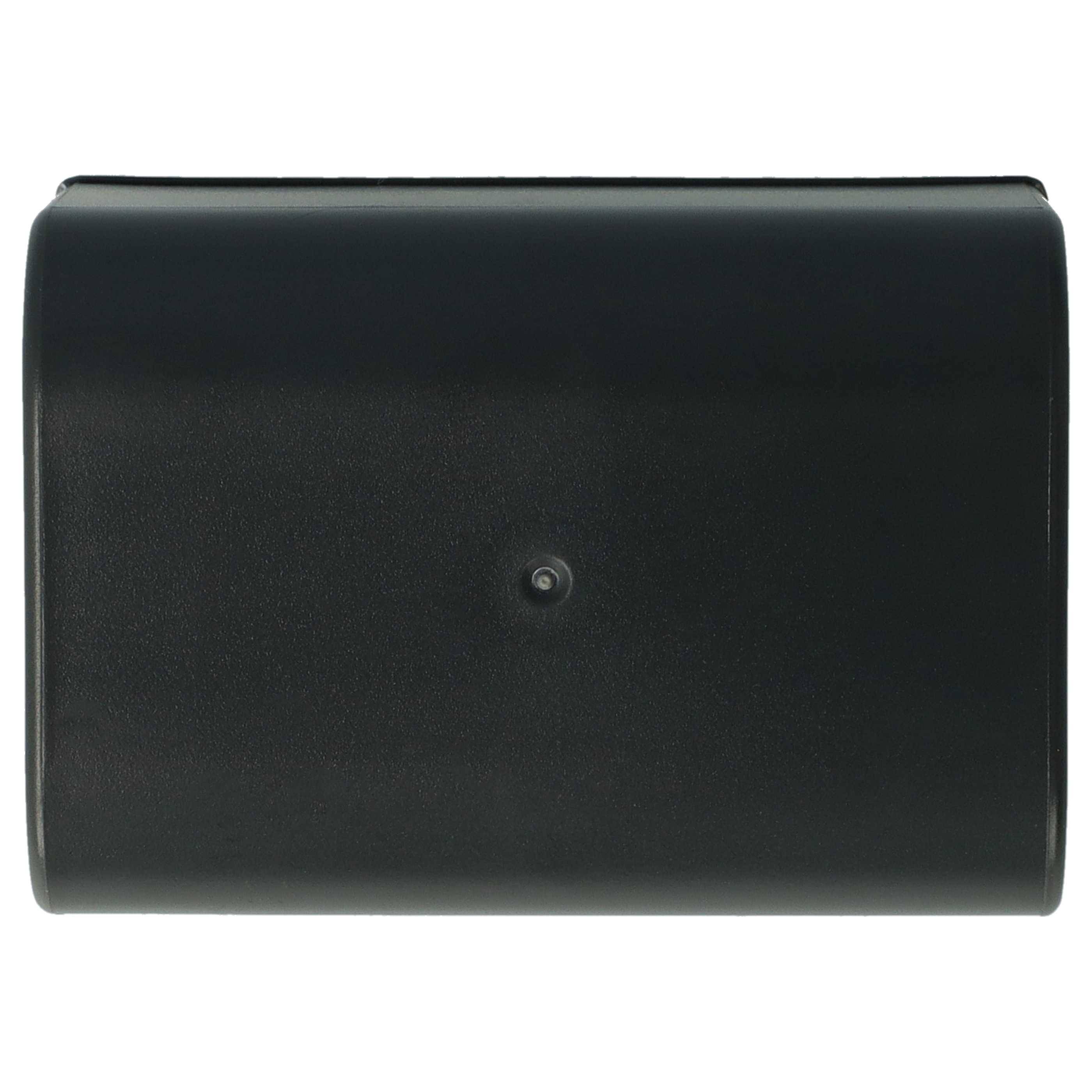 Schwarzes rechteckiges elektronisches Gerät oder Gehäuse mit einem kleinen zentrierten Knopf, dargestellt auf einem einfachen weißen Hintergrund.