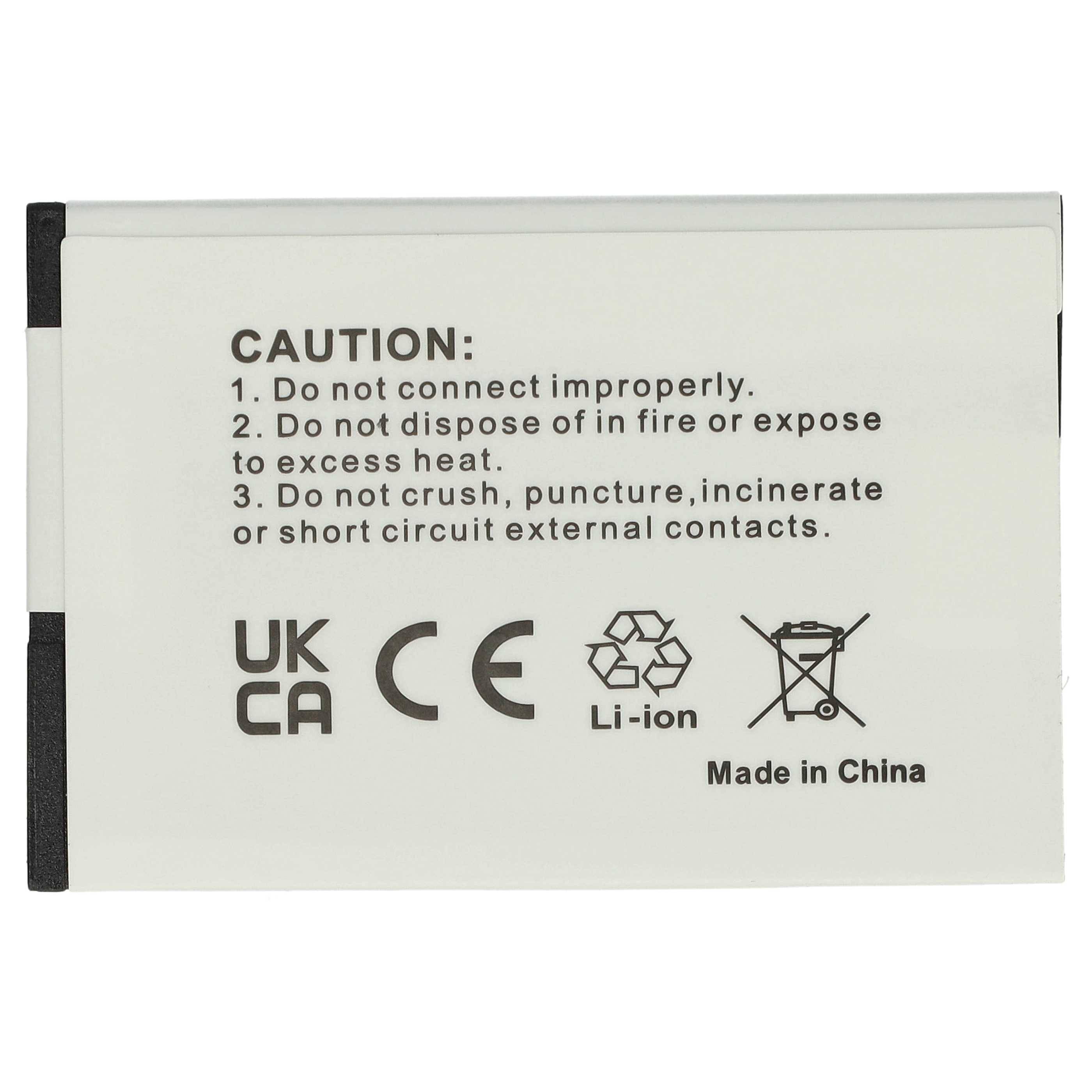 Eine Batterie mit Sicherheitswarnungen: Nicht falsch anschließen, nicht ins Feuer werfen oder zerquetschen. Kennzeichnungen: UKCA, CE, Li-Ion, Made in China.