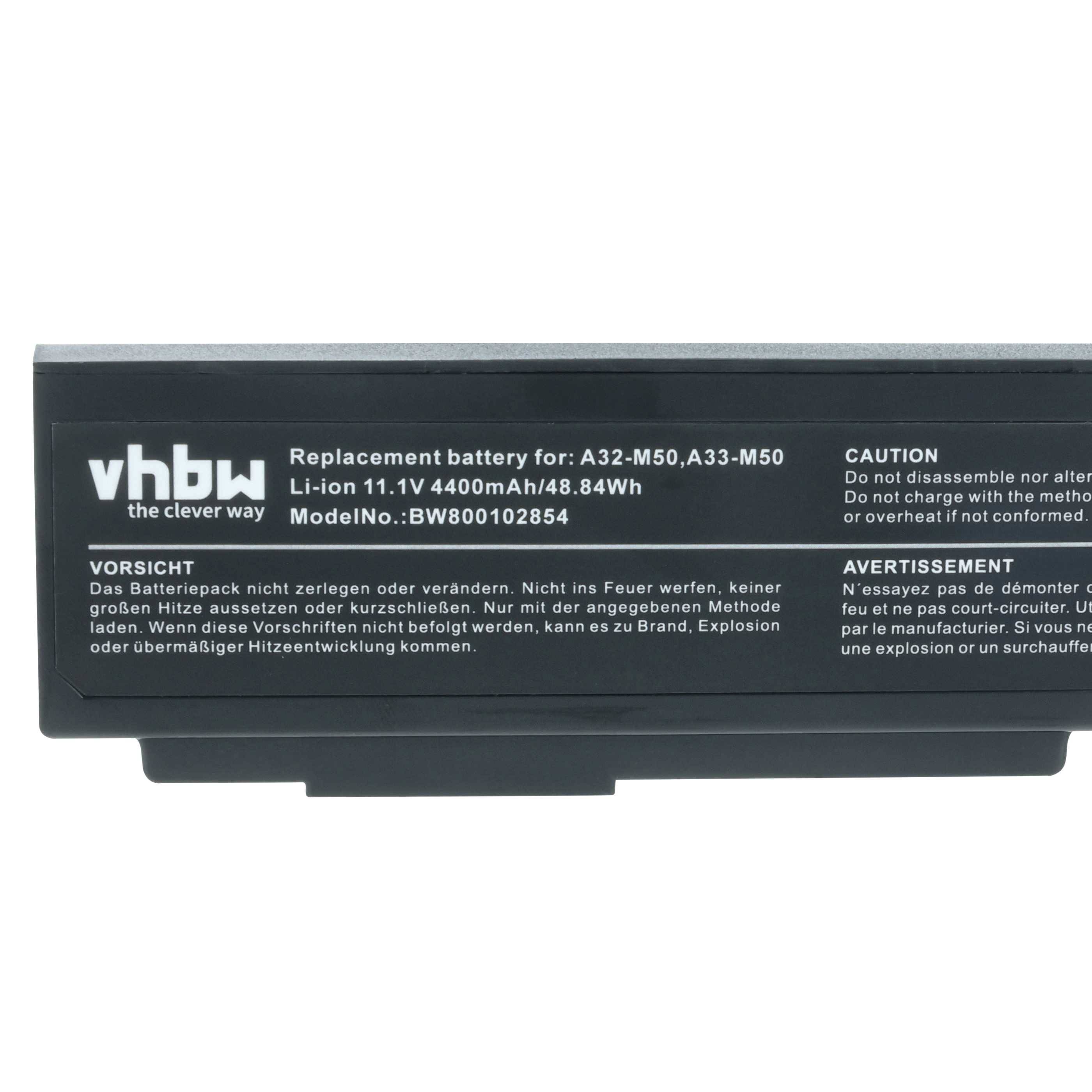Ersatzakku für A32-M50- und A33-M50-Modelle, 11,1V, 4000mAh, schwarz. Sicherheitshinweise in Englisch, Deutsch und Französisch.