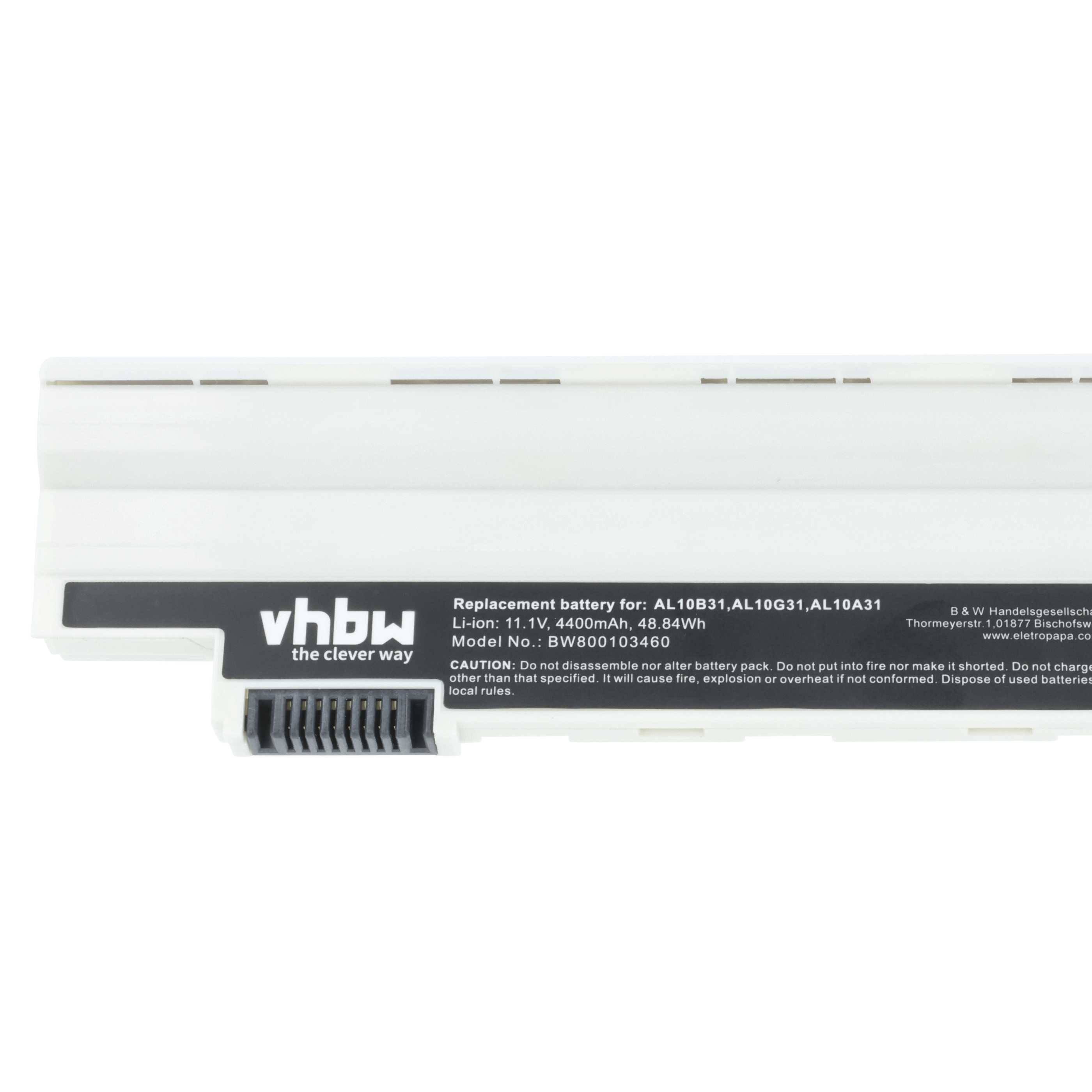 Ersatz-Laptop-Akku, Modell AL08A31, 4400mAh, 11,1V, von vhbw. Weißes Gehäuse mit Produktetiketten und in Schwarz gedruckten Warnhinweisen.