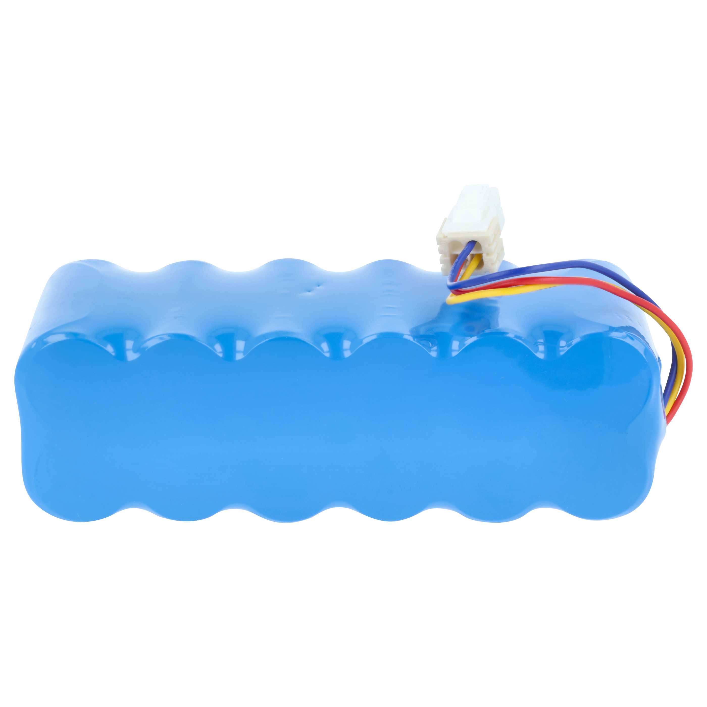 Ein blauer wiederaufladbarer Akkupack mit mehreren Zellen und einem weißen Stecker mit farbigen Kabeln.