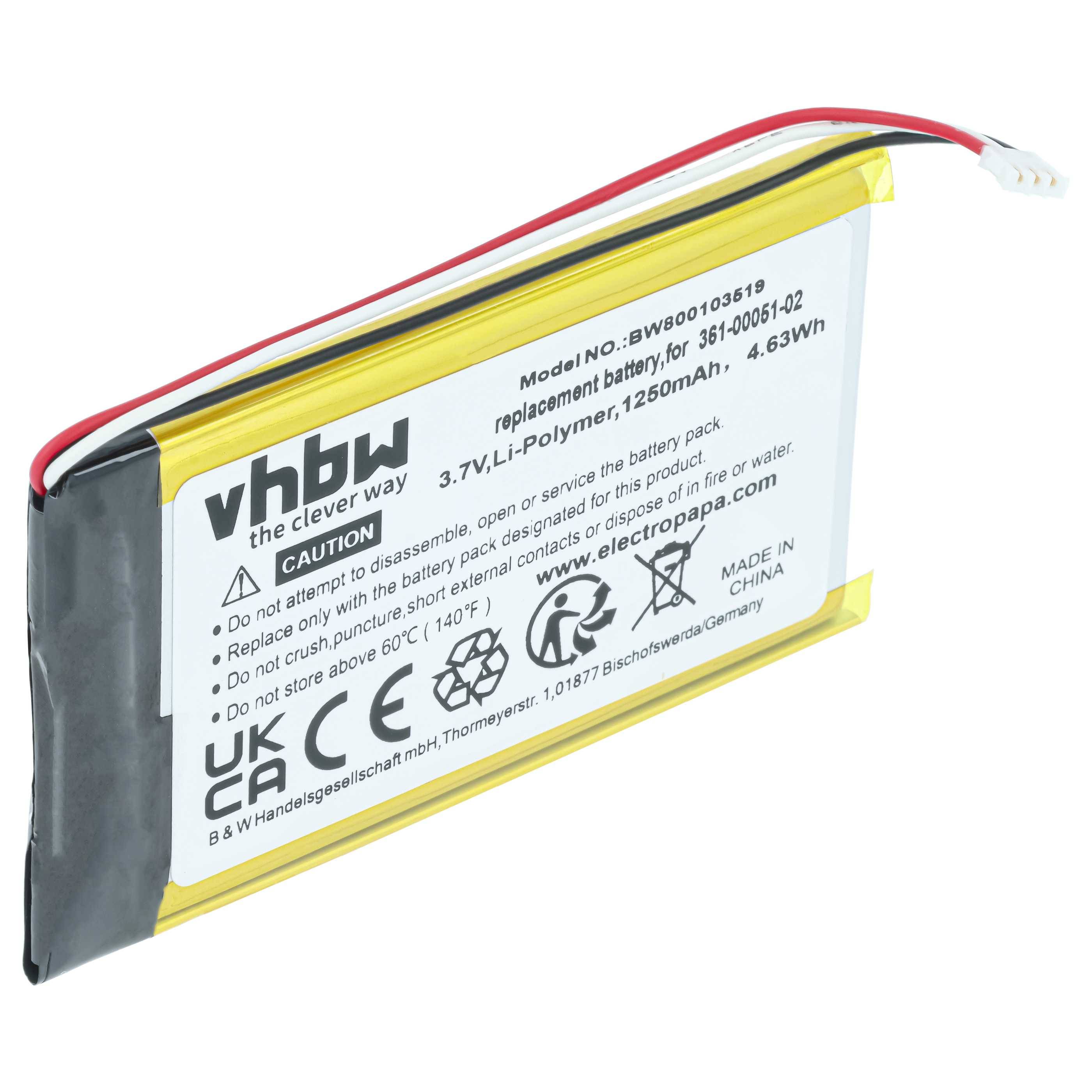 vhbw Akku Ersatz für Garmin EF34EF38F00HV, US503, 361-00051-12 für GPS Navigation Navi (1250 mAh, 3,7 V, Li-Polymer)
