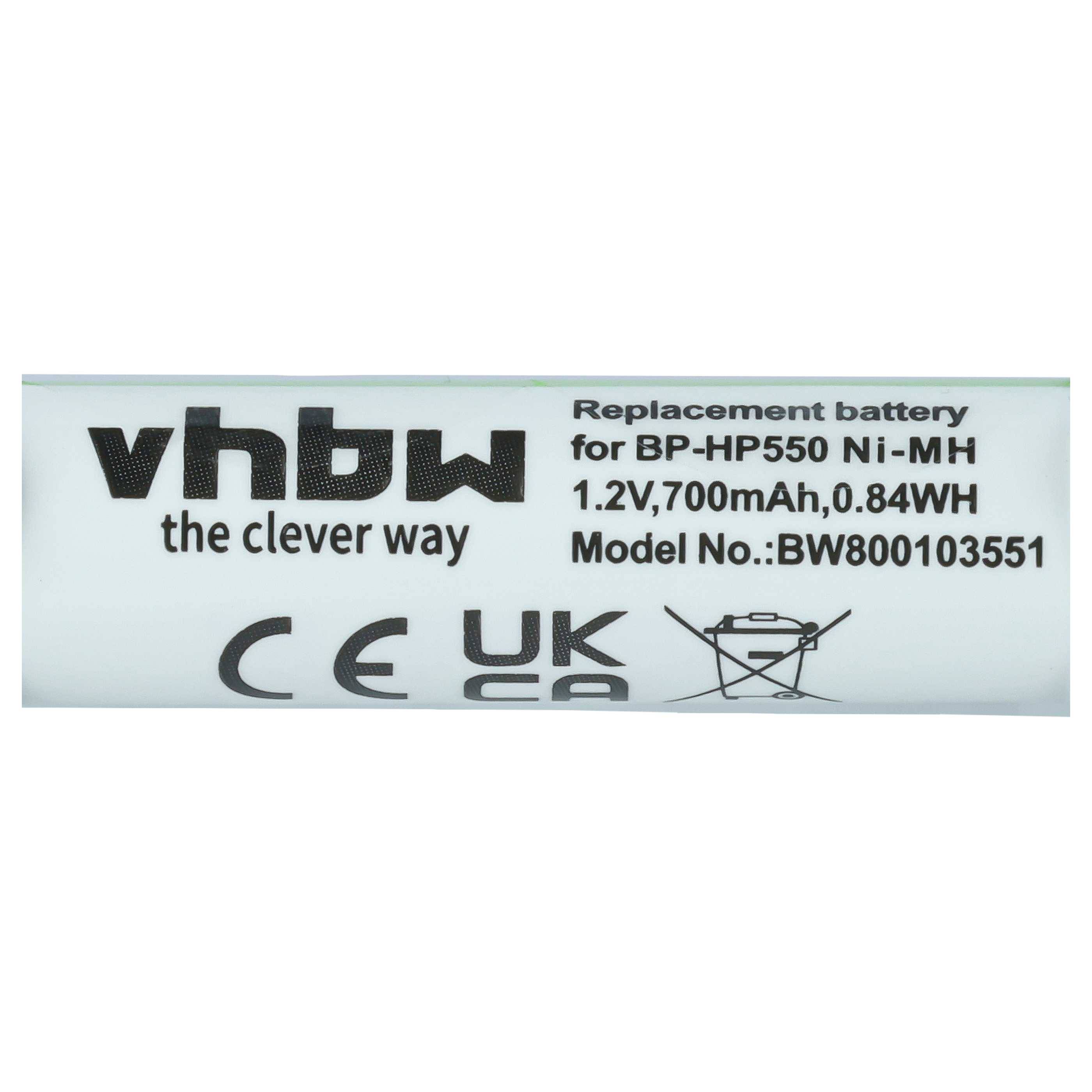 Weißes Ersatzbatterie-Etikett für BP-HP550, mit VHBW-Branding, 1,2V 700mAh 0,84Wh, Modell BW800103551 und Sicherheitssymbole.