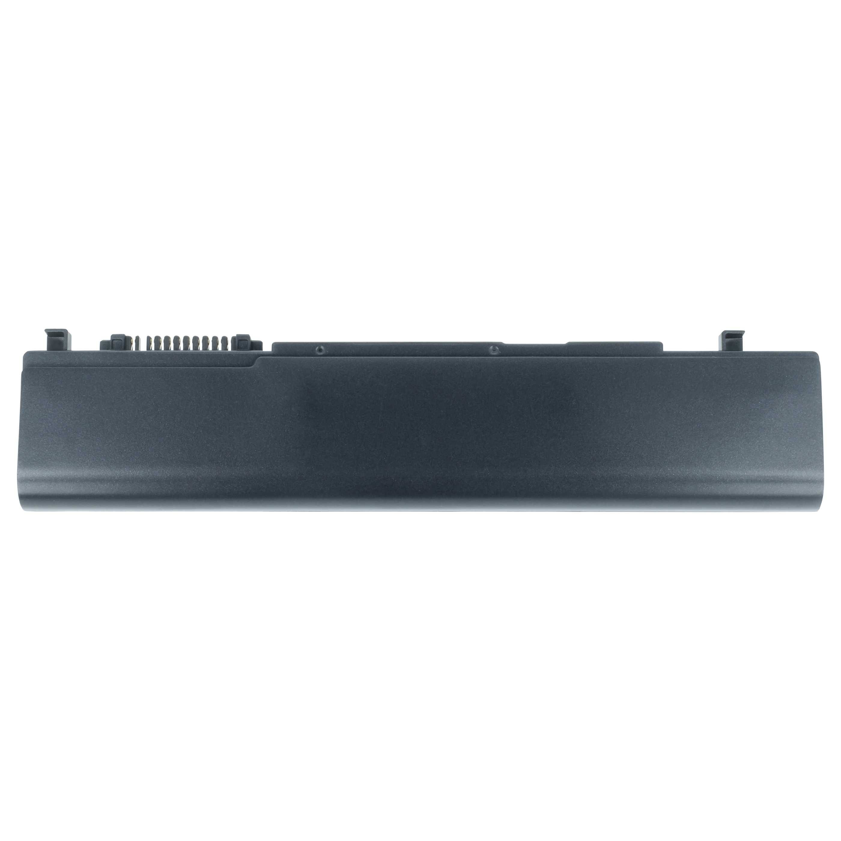Eine schwarze Lithium-Ionen-Laptop-Batterie mit sichtbaren Anschluss-Kontakten, von vorne fotografiert.