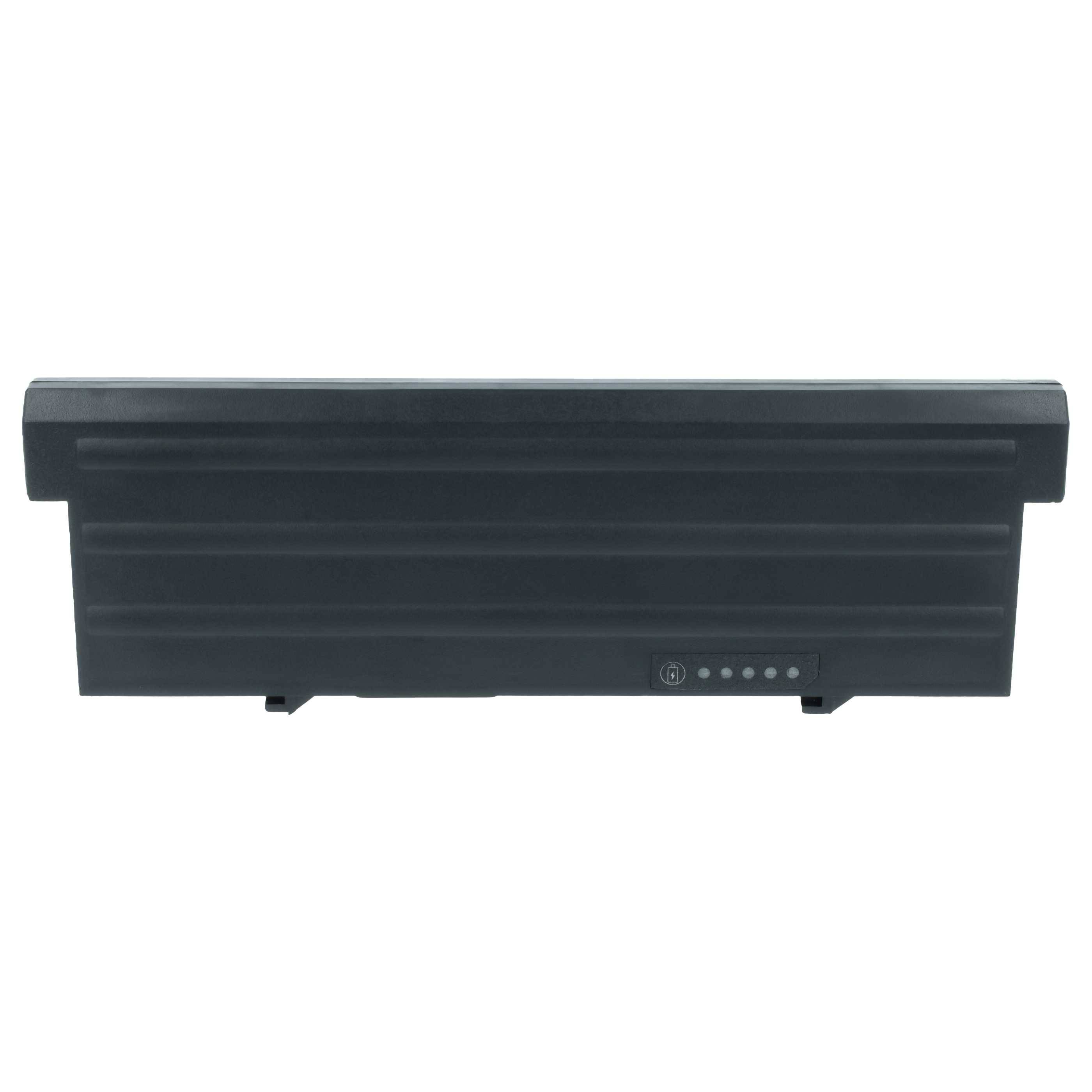 Eine schwarze rechteckige Laptop-Batterie mit Anzeigelichtern, von hinten betrachtet. Sie ist für bestimmte Laptop-Modelle entwickelt worden.