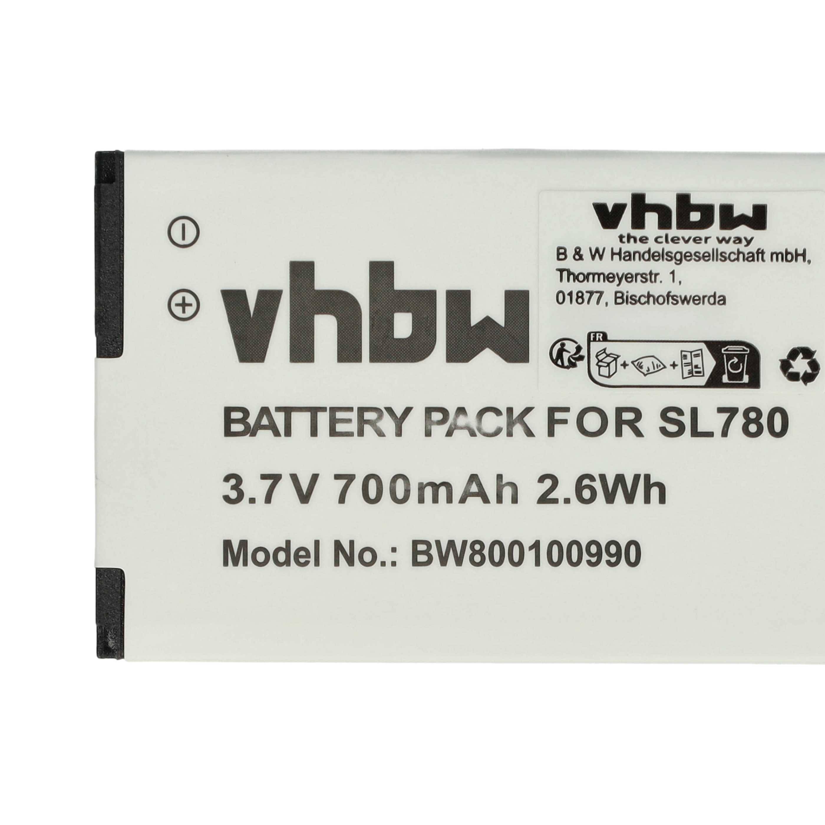 Akkupack für SL780, 3,7V 700mAh, 2,6Wh. Modell-Nr.: BW001000990. Schwarzer Text auf weißem Hintergrund mit Recycling-Symbolen.