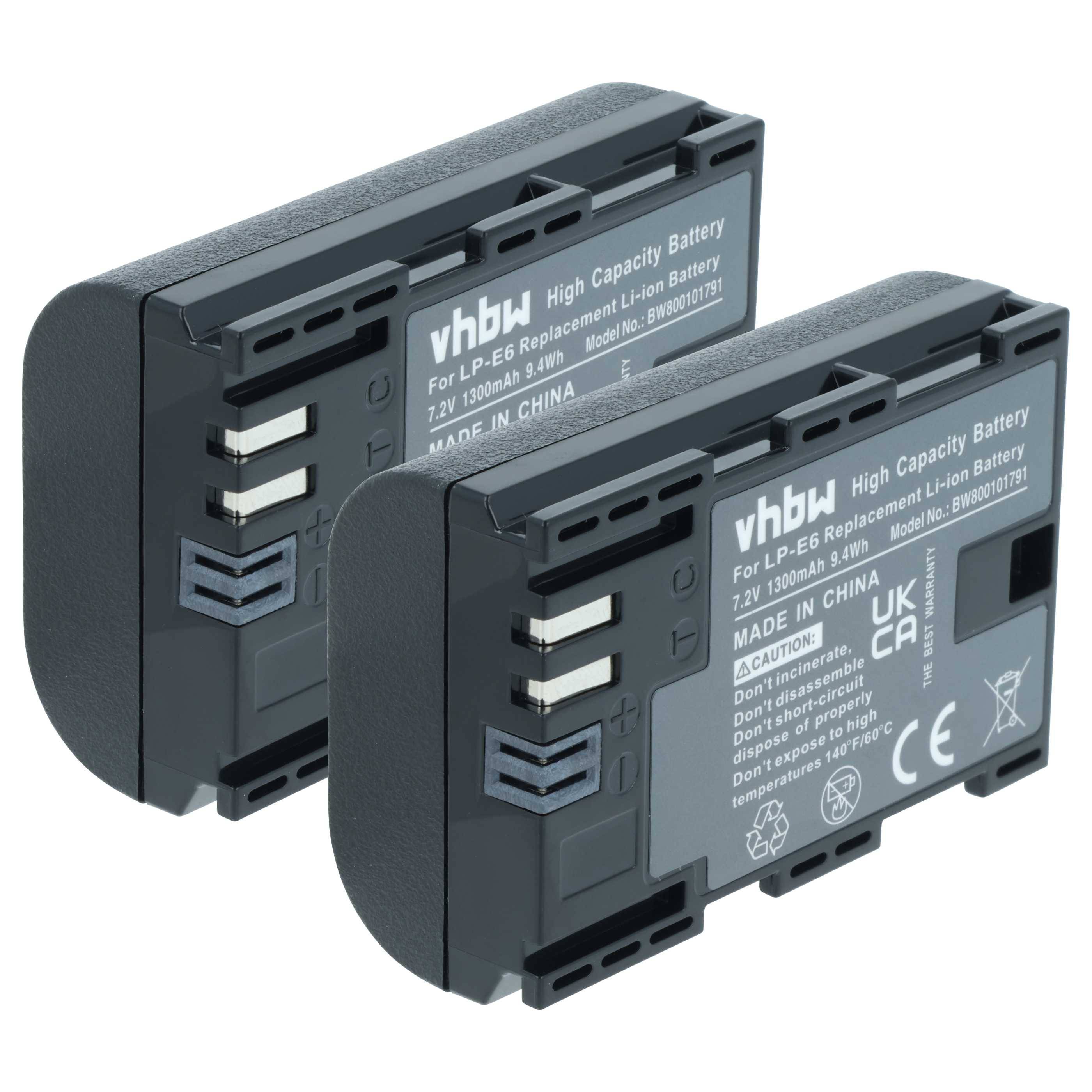 Zwei schwarze vhbw Hochkapazitäts-Akkus mit Etiketten, die Spezifikationen und Zertifizierungen angeben, einschließlich für Canon LP-E6 und 1500mAh.