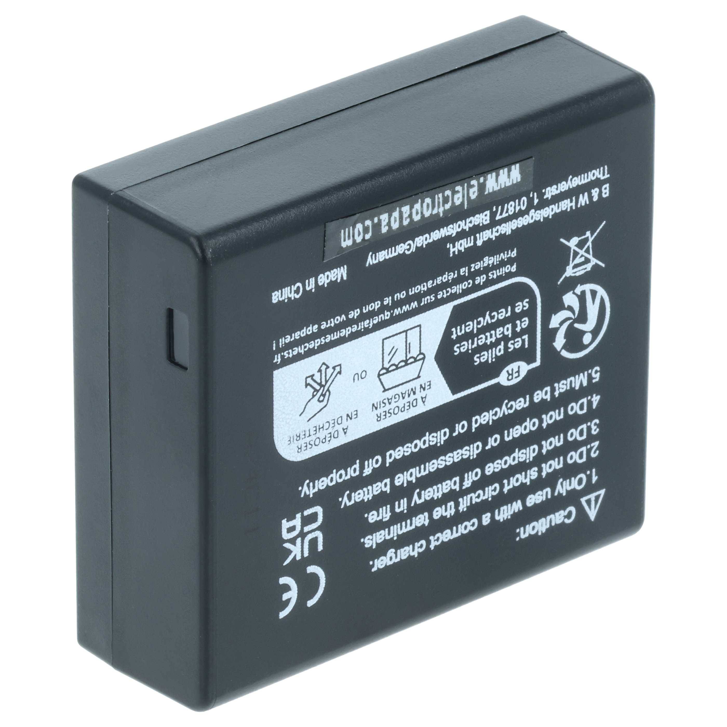 Schwarzer wiederaufladbarer Lithium-Ionen-Akku mit gedruckten Sicherheitsanweisungen und Recycling-Symbolen