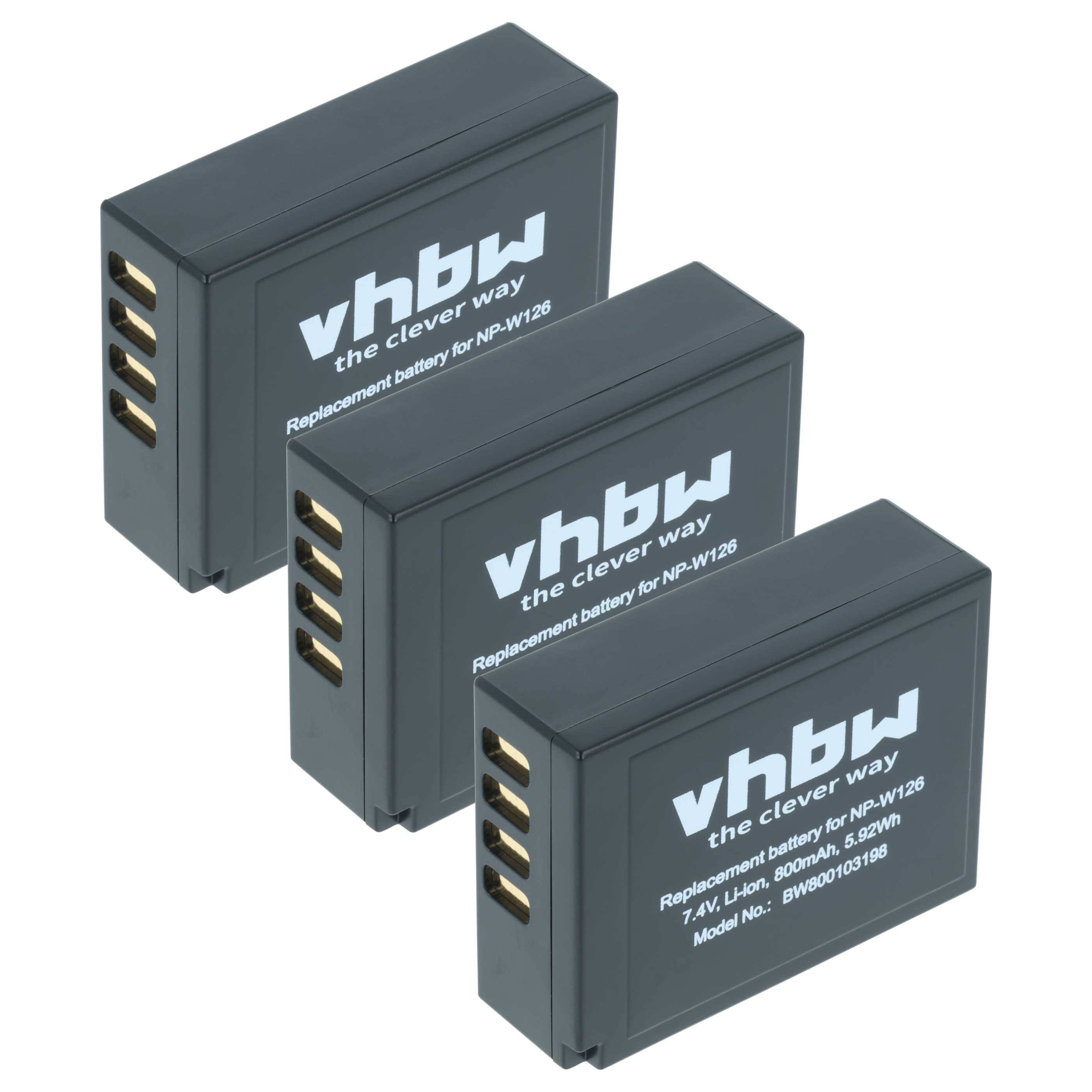 Drei schwarze wiederaufladbare Kamerabatterien mit weißem Text 'vhbw the clever way' und Spezifikationen 'NP-W126, Li-Ion, 2000mAh, 7,4V'.