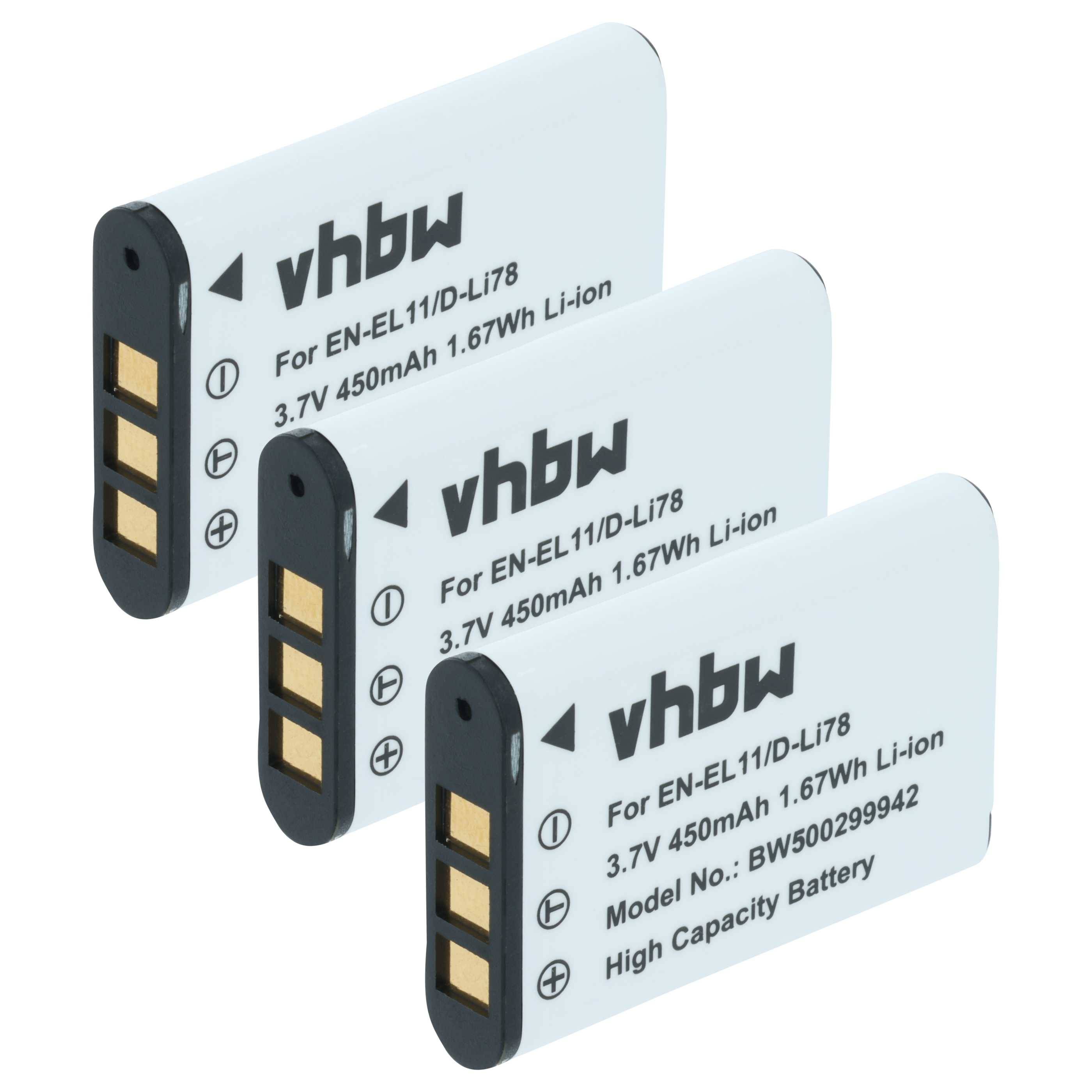 Drei vhbw-Lithium-Ionen-Akkus mit der Modellnummer BW500299442, 3,7V, 450mAh, als Hochleistungsbatterien gekennzeichnet, nebeneinander angeordnet.