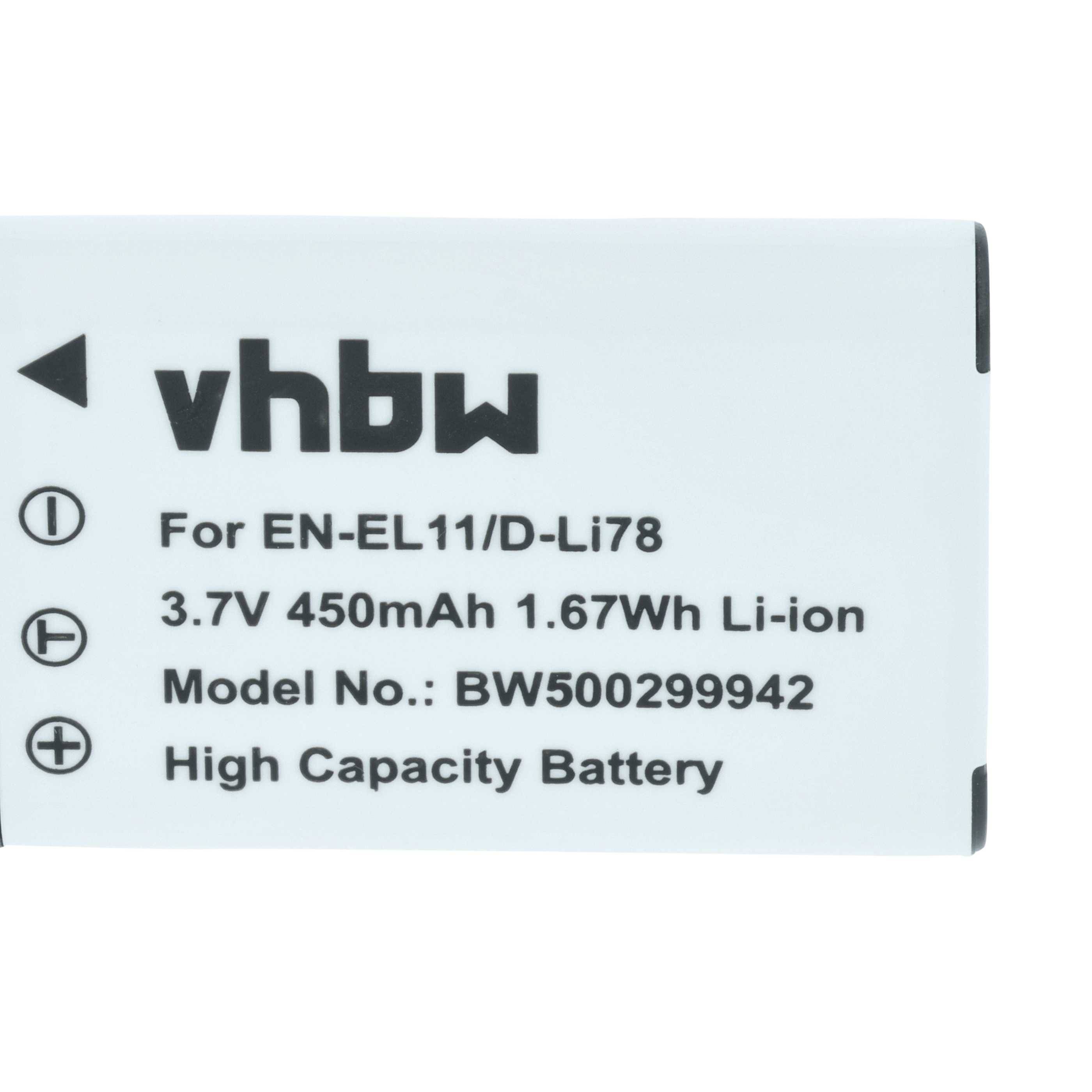 Eine Batterie mit der Bezeichnung 'vhbw' mit folgenden Spezifikationen: 3,7V, 450mAh, 1,67Wh, Li-Ion, kompatibel mit EN-EL11/D-Li78, Modell BW500299942.