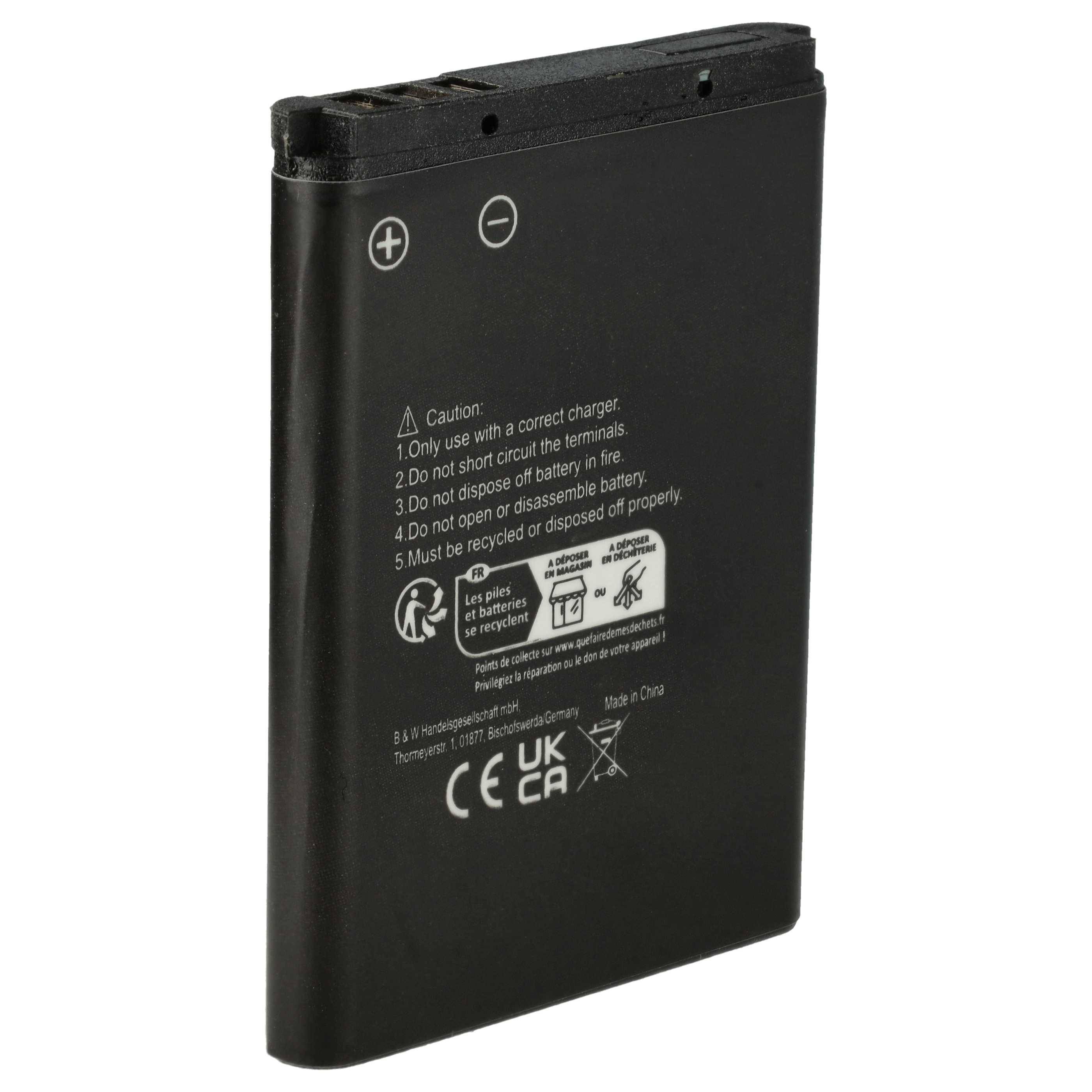 Eine schwarze wiederaufladbare Batterie mit Warnhinweisen auf dem Etikett, darunter 