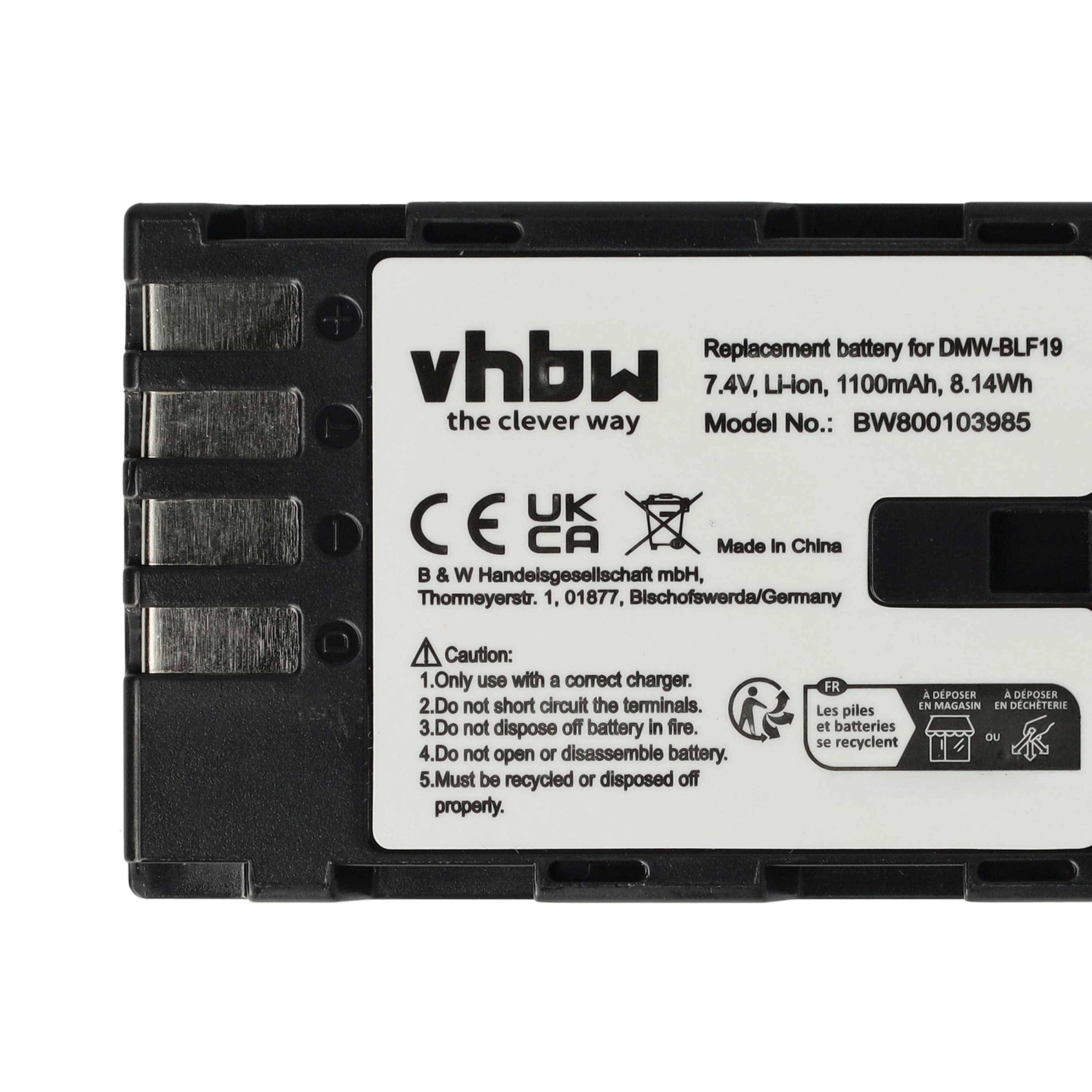 Wiederaufladbare Lithium-Ionen-Batterie für DMW-BLF19, 7,4V, 1100mAh, schwarzes Gehäuse mit gekennzeichneten Spezifikationen und Sicherheitsanweisungen.