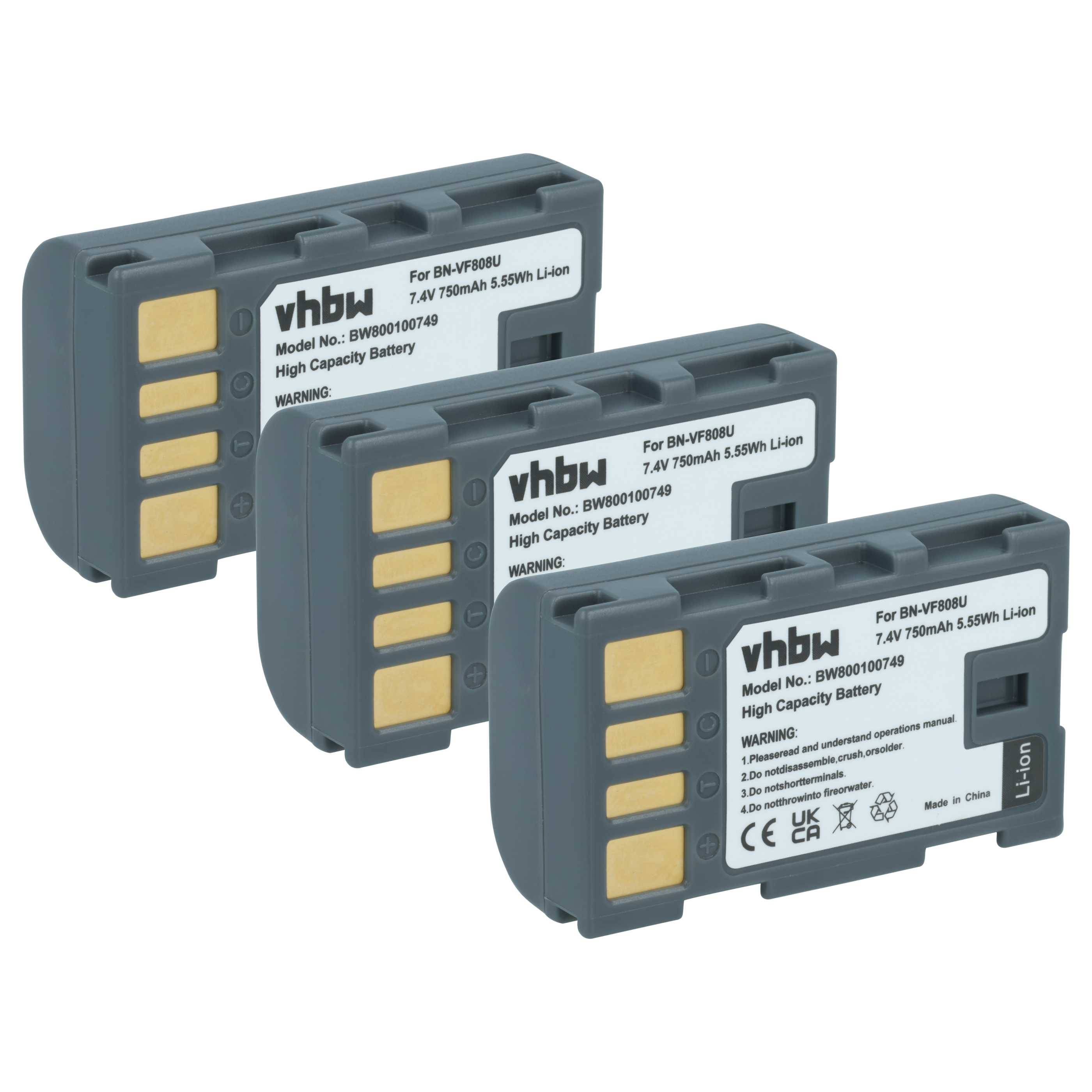 Drei graue Lithium-Ionen-Kamerabatterien mit der Aufschrift 'vhbw', jeweils mit goldenen Kontaktpunkten. Text zeigt Modell BN-VF808U, 7,4V, 780mAh.