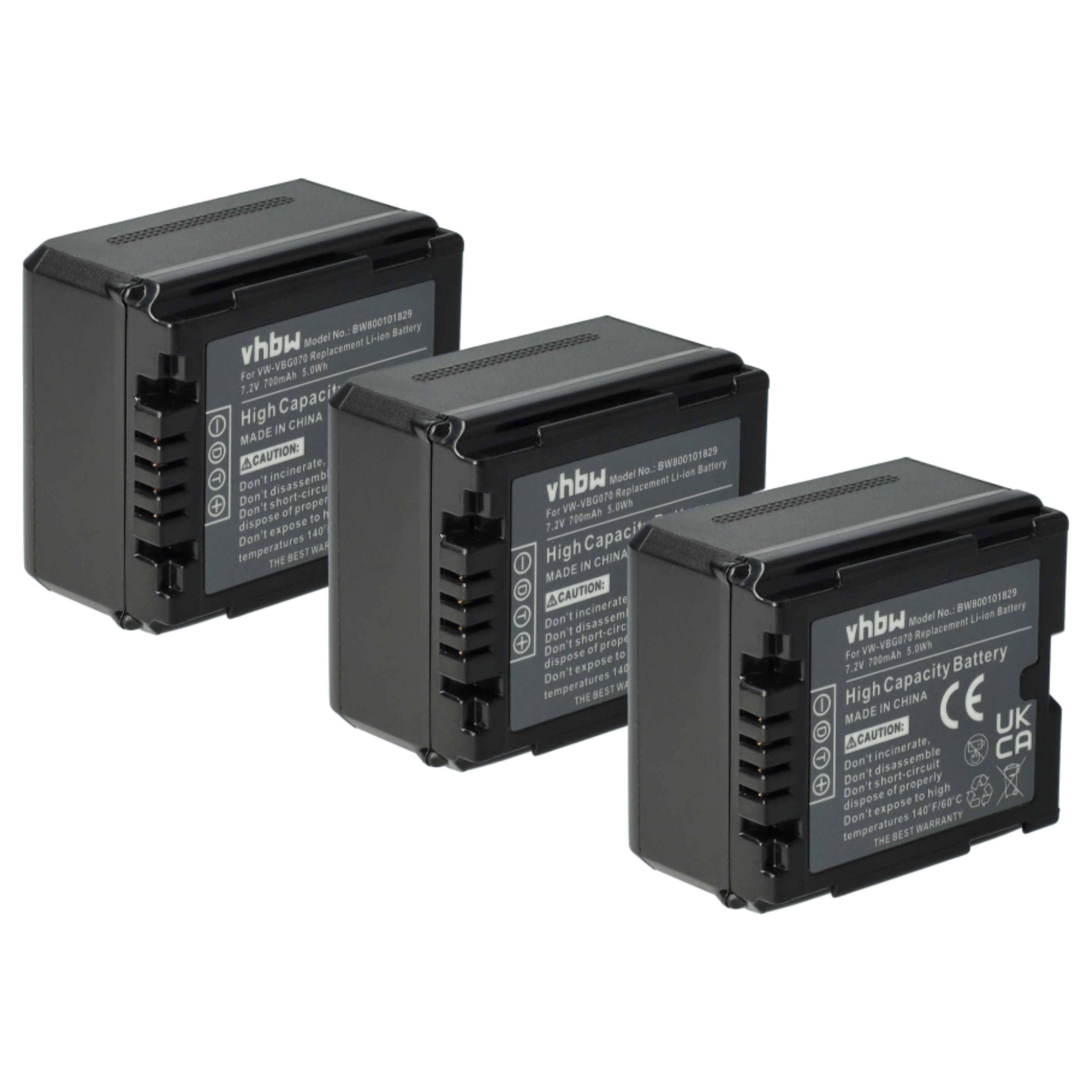 vhbw 3x Akku kompatibel mit Panasonic HDC-SX5, HDC-TM350, HDC-TM700 Videokamera Camcorder (700 mAh, 7,2 V, Li-Ion) + Infochip