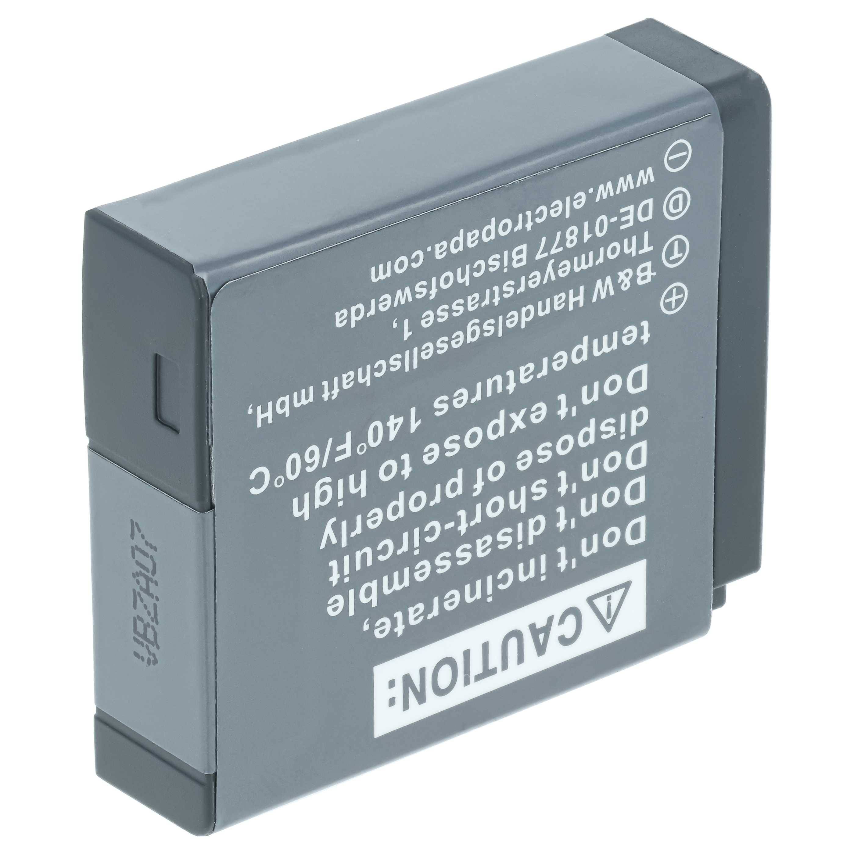 Grauer wiederaufladbarer Batteriepack mit Warnschild, auf weißem Hintergrund gezeigt.