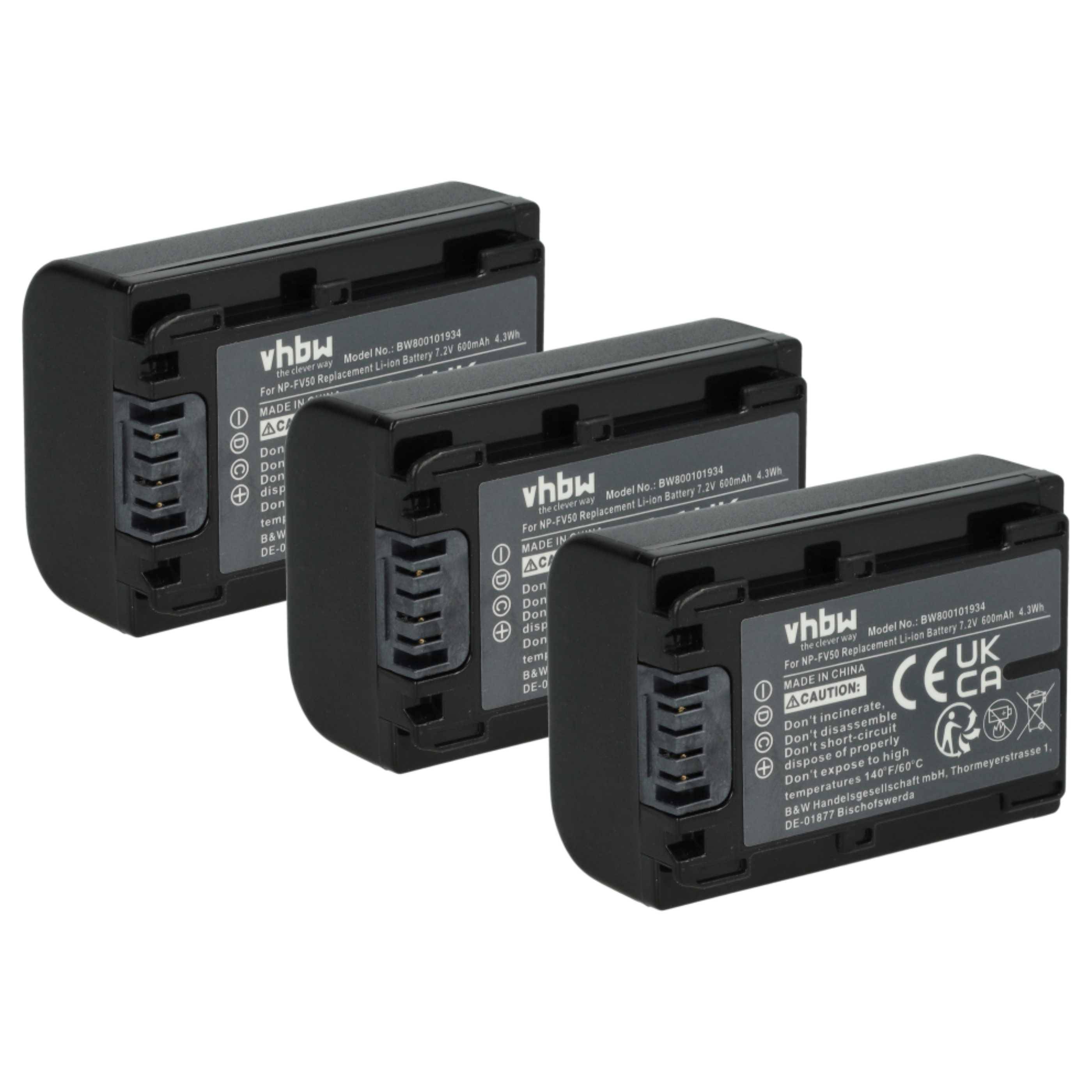 vhbw 3x Akku kompatibel mit Sony HDR-CX740VE, HDR-CX740E, HDR-CX730E Videokamera Camcorder (600 mAh, 7,2 V, Li-Ion) + Infochip