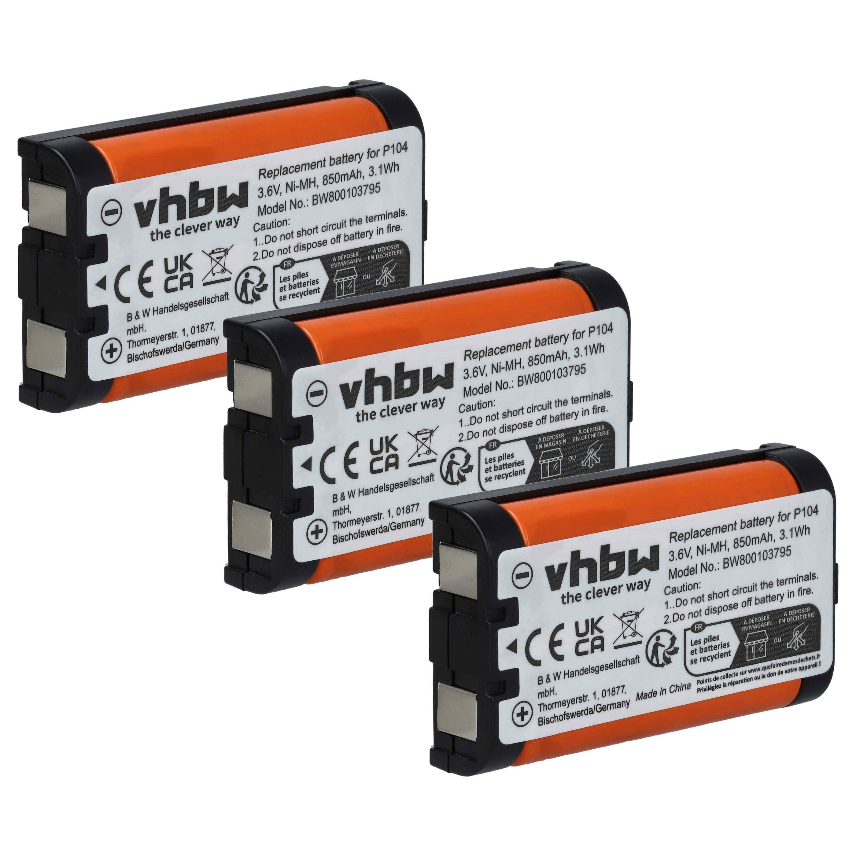 vhbw 3x Akku kompatibel mit Panasonic KX-TGA541, KX-TGA541S, KX-TGA541W, KX-TGA523, KX-TGA523M schnurlos Festnetz Telefon (850 mAh, 3,6 V, NiMH)