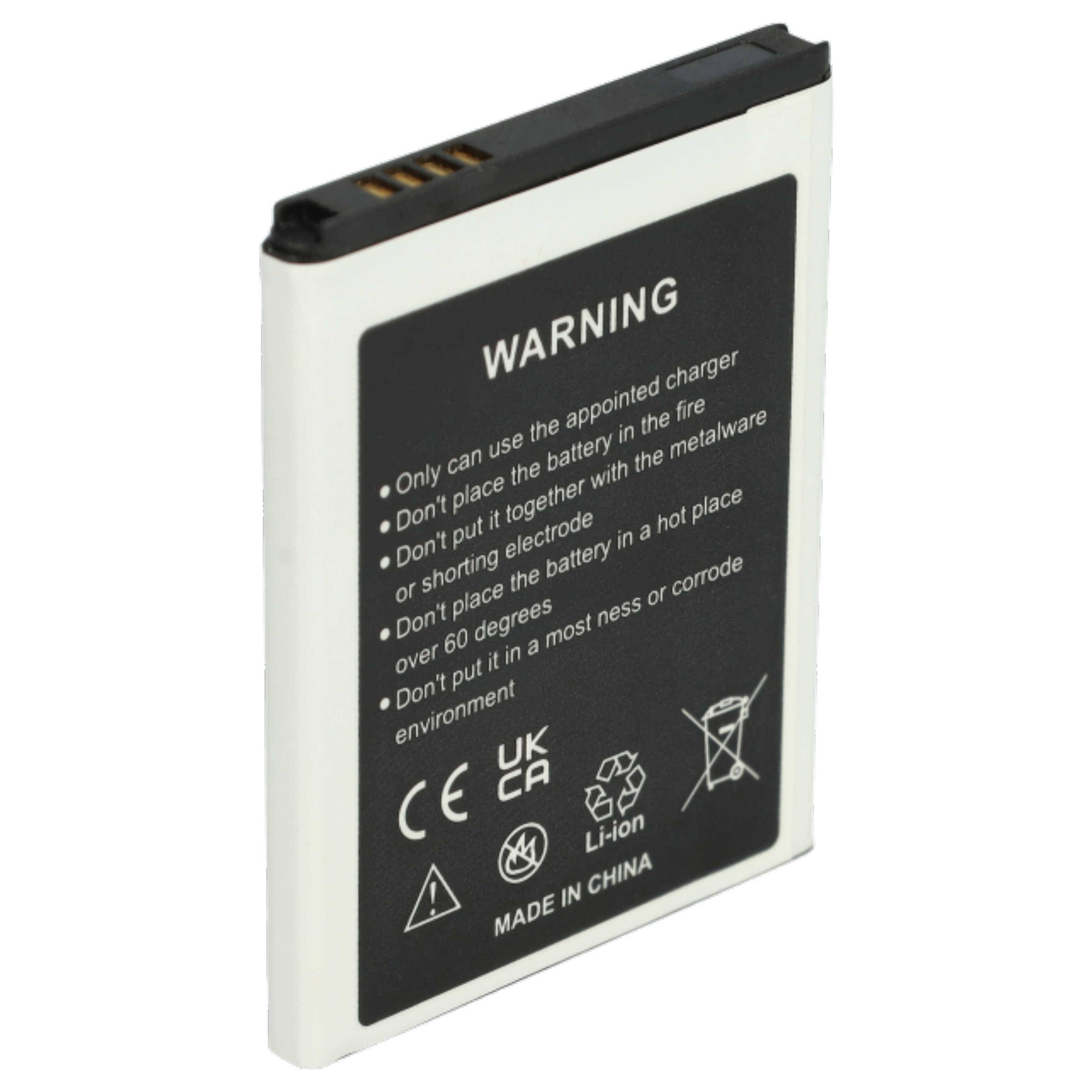 Ein rechteckiger Lithium-Ionen-Akku mit einem Warnschild, das die Verwendung des zugelassenen Ladegeräts empfiehlt und vor Feuer oder hohen Temperaturen warnt.