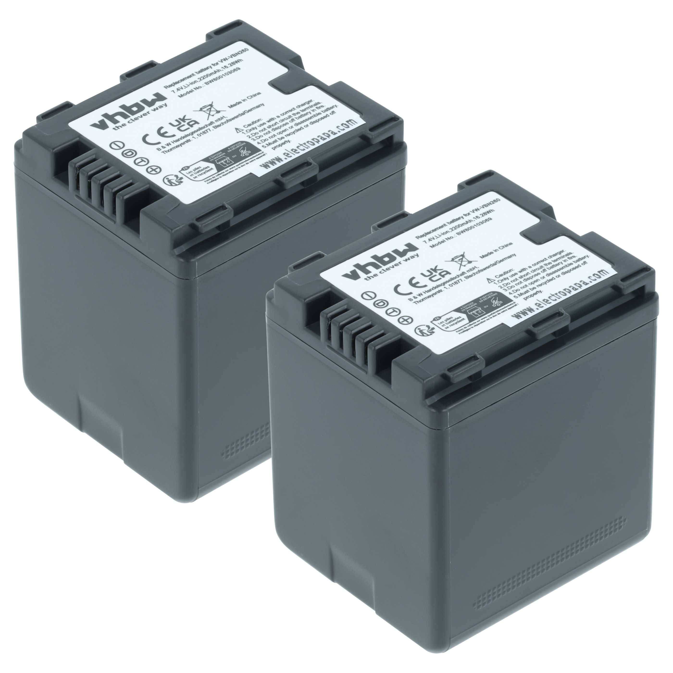 Zwei schwarze Ersatzbatterien der Marke 'vhbw' für Kameras mit Spezifikationen und Sicherheitssymbolen auf der Oberseite.