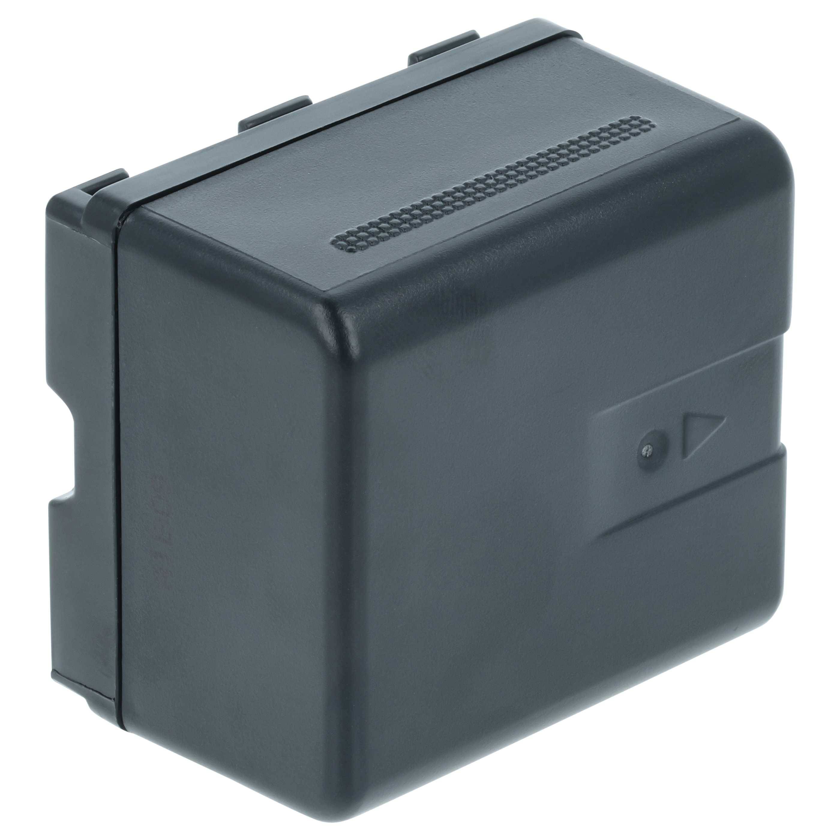 Ein schwarzer Kunststoff-Akkupack mit strukturierter Griffoberfläche, kleiner eingelassener Taste und dreieckiger Anzeige auf der Vorderseite.