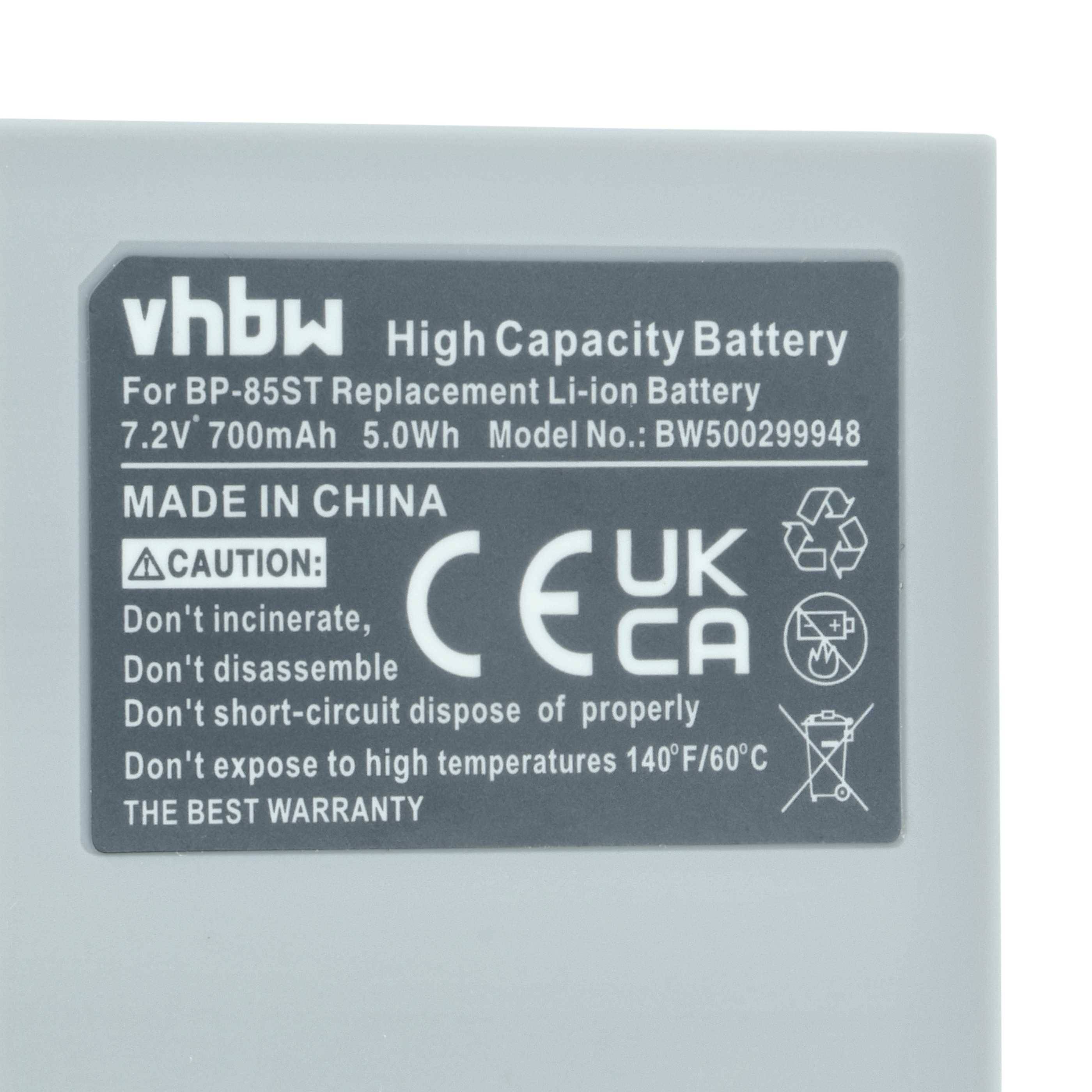 vhbw Hochkapazitätsakku' Etikett mit Modell und Spezifikationen einschließlich 7,2V, 700mAh, 'Made in China'. Sicherheitssymbole und Handhabungswarnhinweise sind vorhanden.