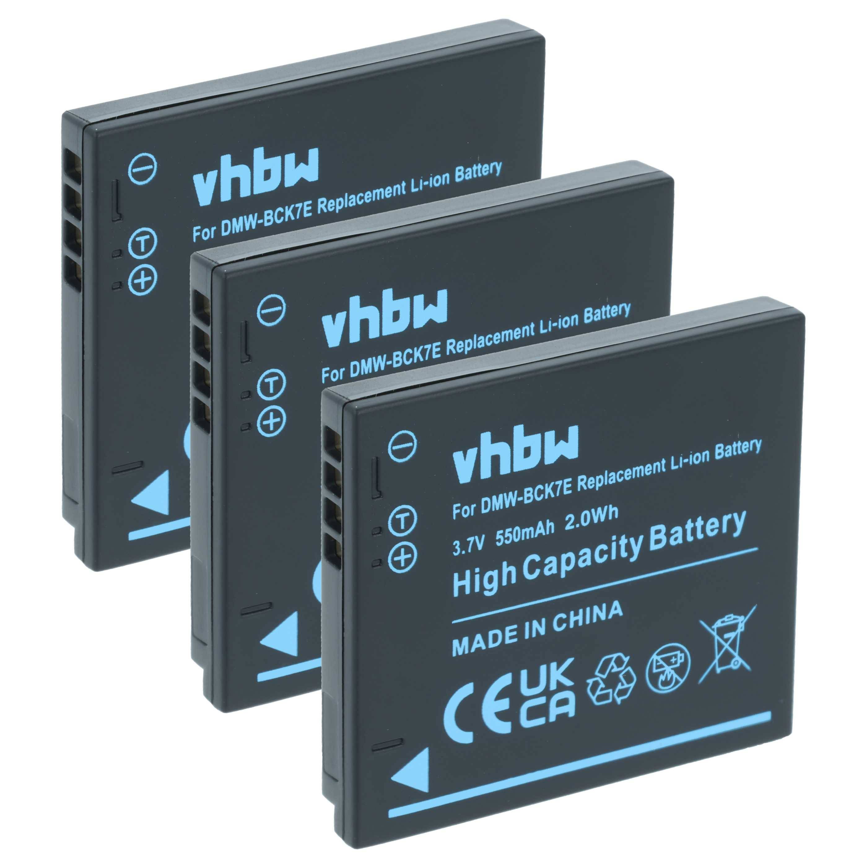 Drei vhbw Lithium-Ionen-Ersatzbatterien für DMW-BCK7E, jeweils 3,7V, 550mAh, 2,0Wh, als hochkapazitativ gekennzeichnet und in China hergestellt.