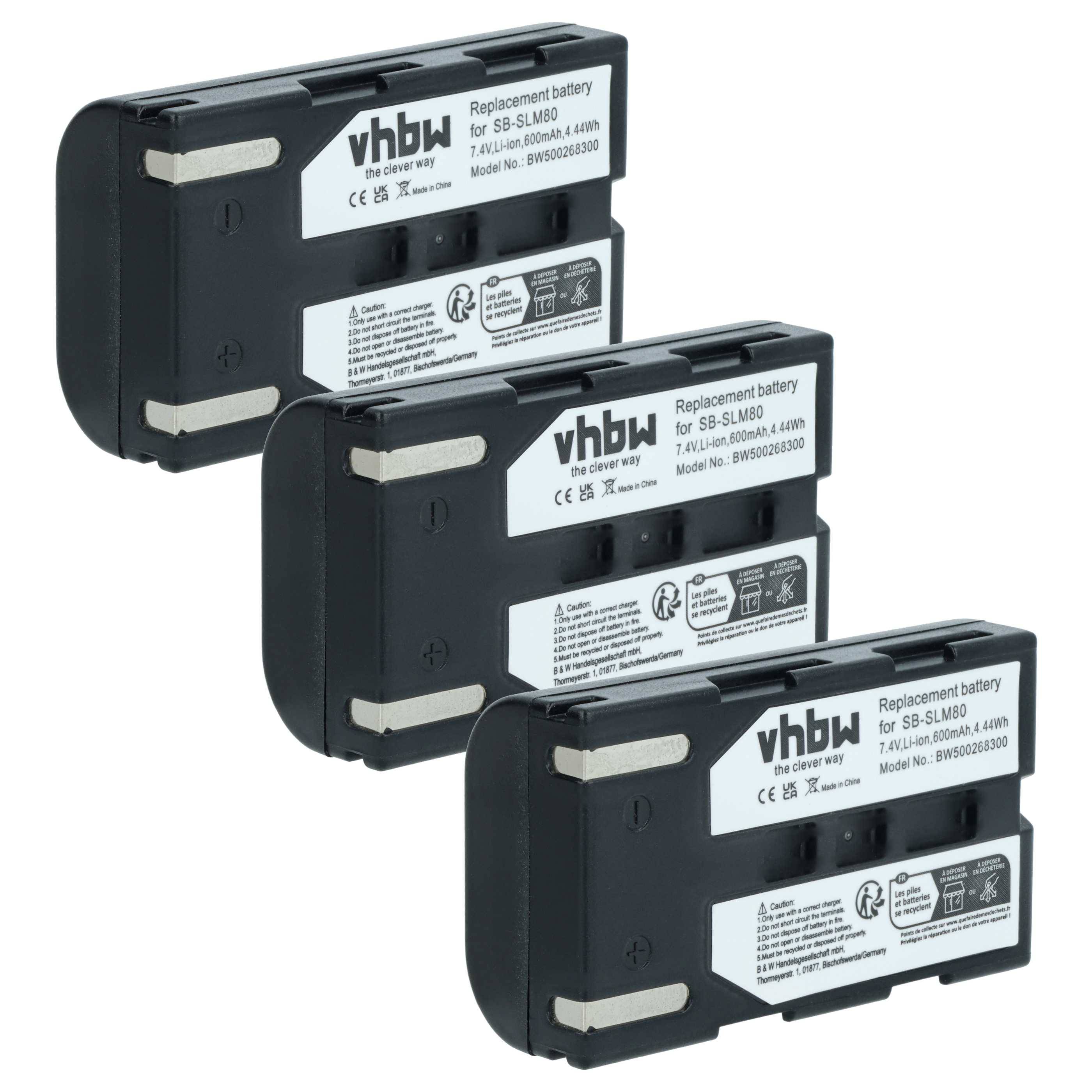 Drei schwarze vhbw Ersatzbatterien für das Modell SS-LM60 mit Beschriftungen und silbernen Kontakten.