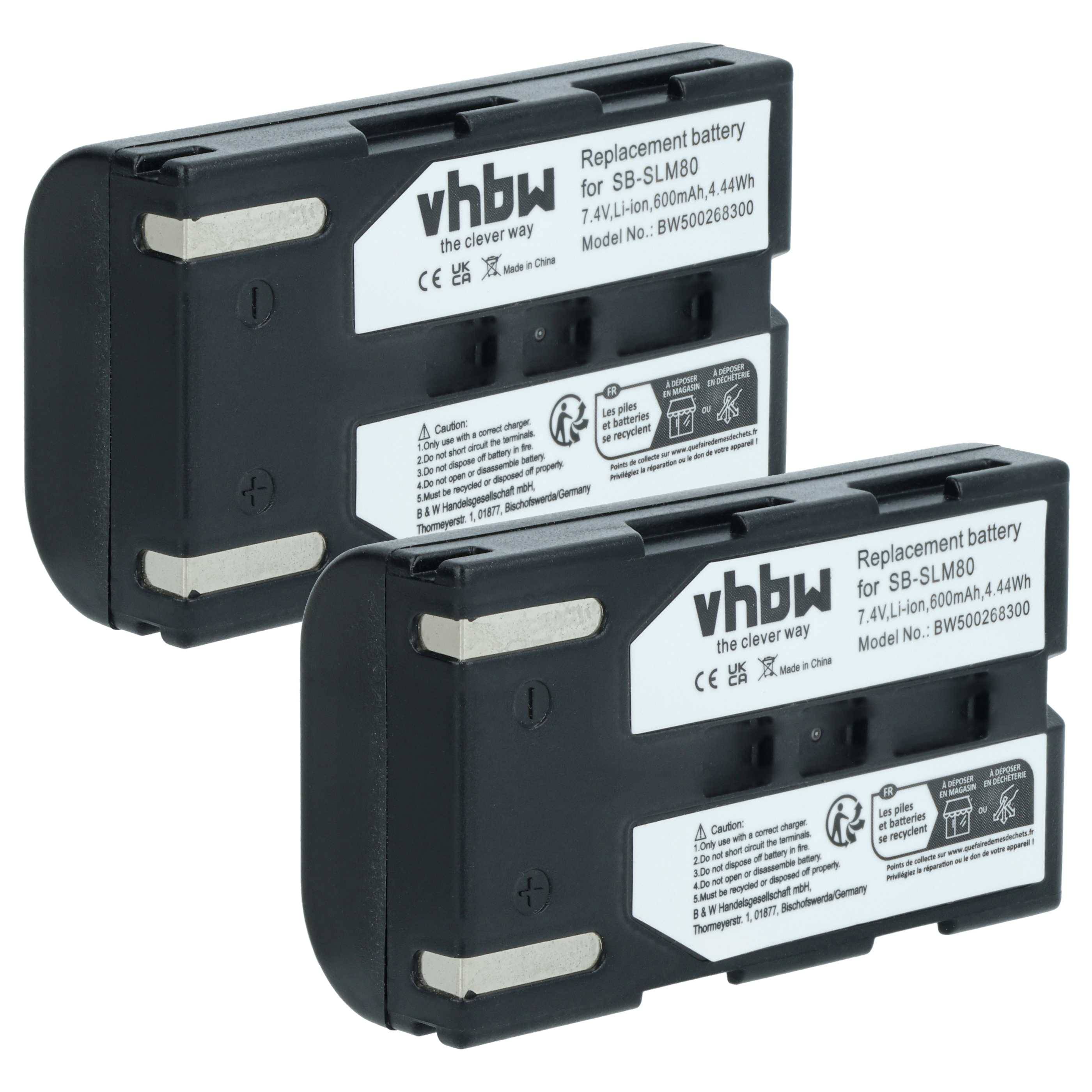 Zwei vhbw Ersatzbatterien für SB-SL80, 7,4V, 6000mAh, 44,4Wh angezeigt.