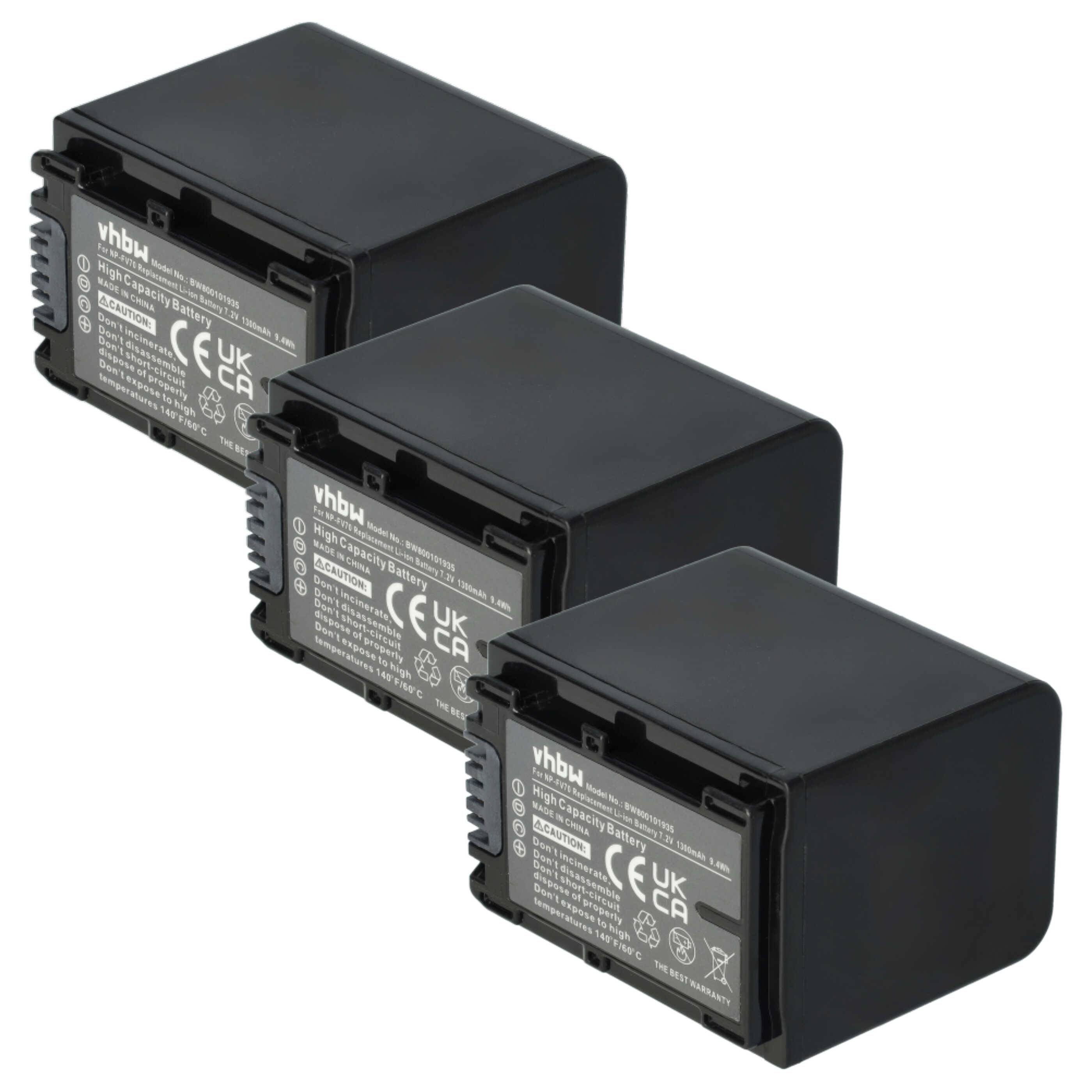 vhbw 3x Akku kompatibel mit Sony HDR-PJ810E, HDR-TD10, HDR-TD10E Videokamera Camcorder (1300 mAh, 7,2 V, Li-Ion) + Infochip