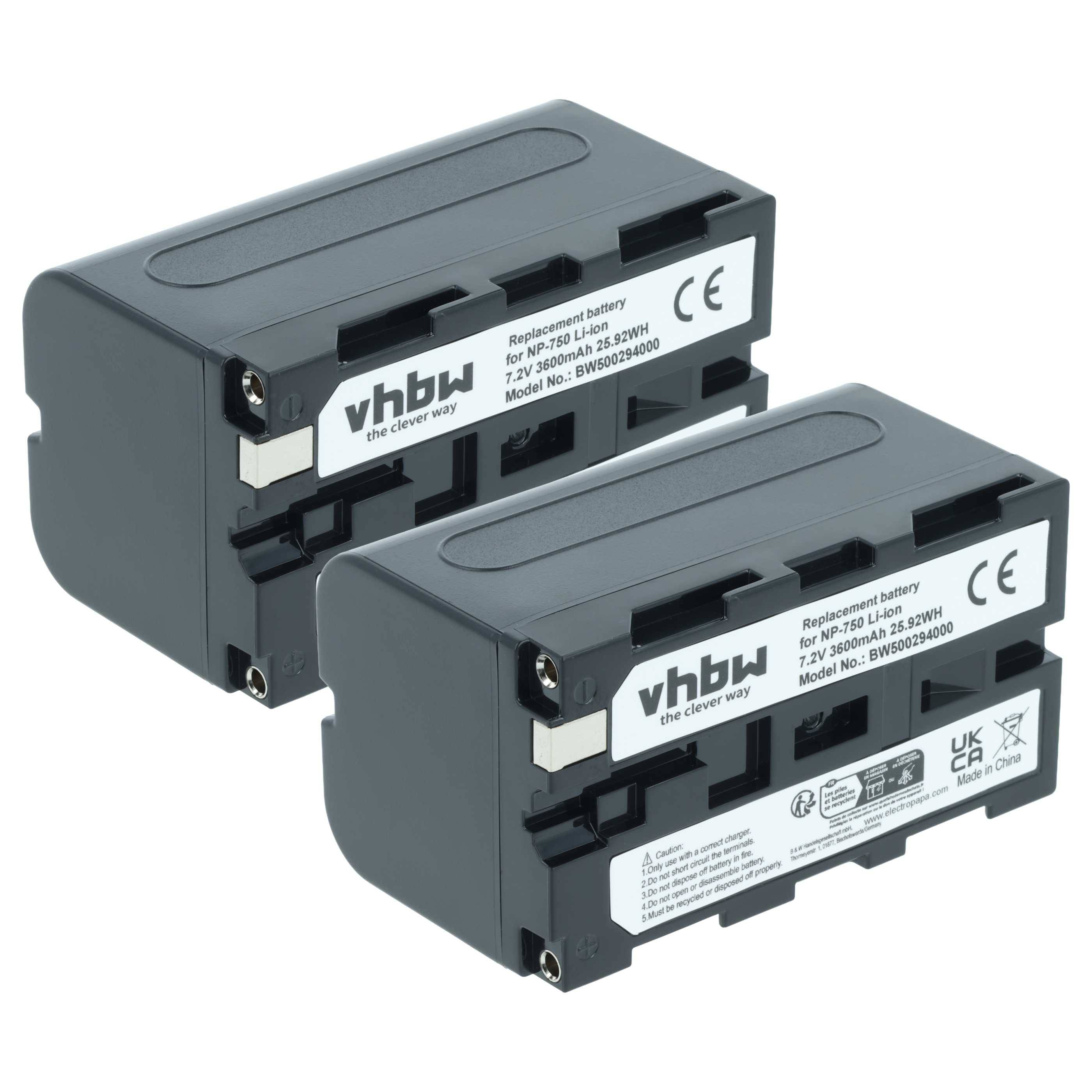 Zwei Ersatzbatterien mit Aufschrift 'vhbw' und CE- sowie UKCA-Kennzeichnung. Entwickelt für NP-F960/NP-F970 Li-Ion Sony-Modelle.