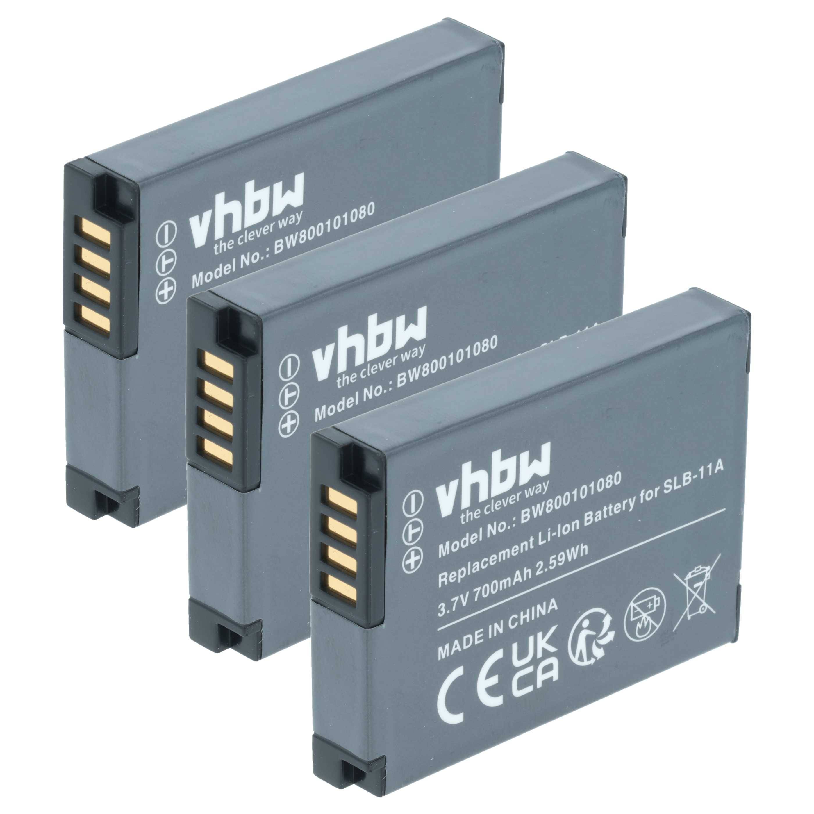 Drei graue Lithium-Ionen-Kamerabatterien mit 'vhbw' Markierung. Jede Batterie zeigt die Modellnummer BW800101060 und Leistungsspezifikationen.